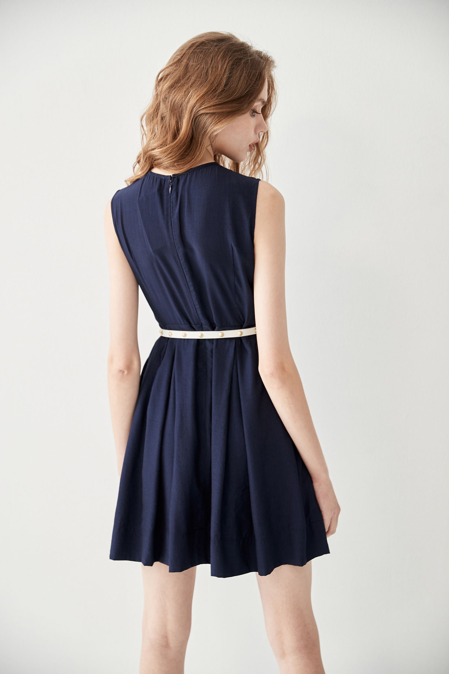 Navy Sleeveless Pleated DressRetro dress,Dresses,Office Looks,Season (SS) Look,mothergift