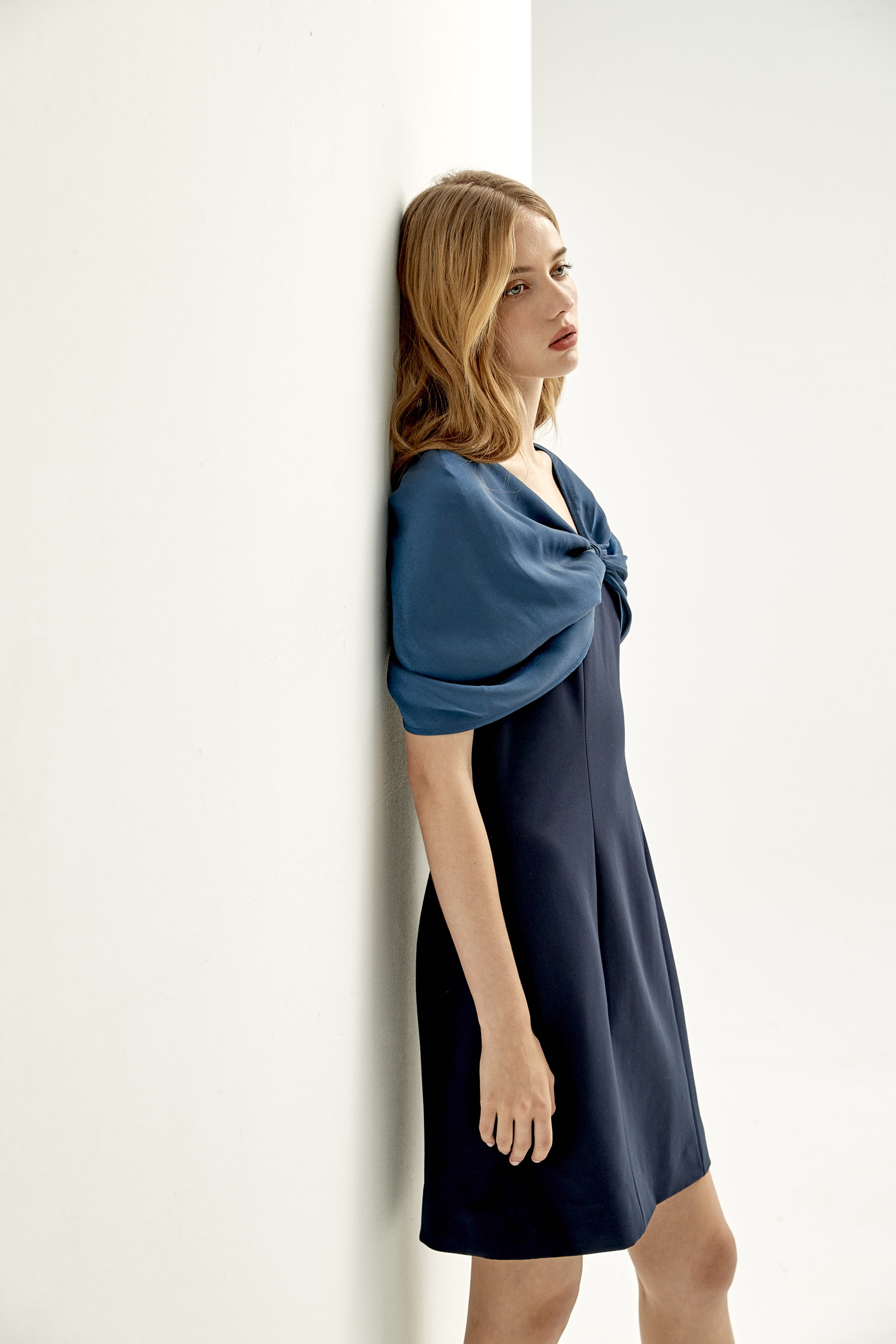 Shoulder Scarf Navy Short DressDress with shawl design,Dresses,Office Looks,cocktaildresses,Season (SS) Look,mothergift,Evening dresses