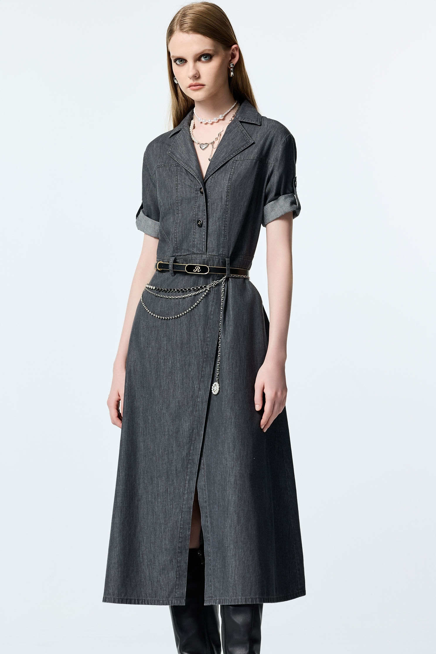 Short Sleeve Grey Denim Maxi DressShort Sleeve Grey Denim Maxi Dress,Dresses,Denim,Season (AW) Look