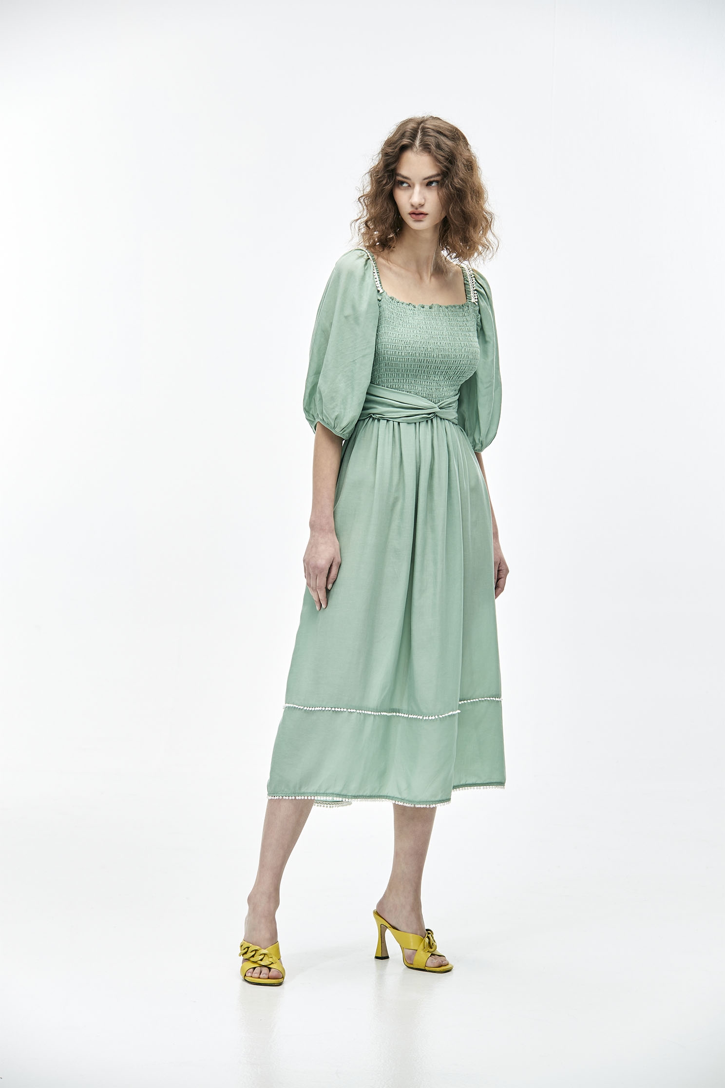 Two-Way Midi Puff Sleeve DressBean paste green dress with tie,Dresses,Season (SS) Look,mothergift