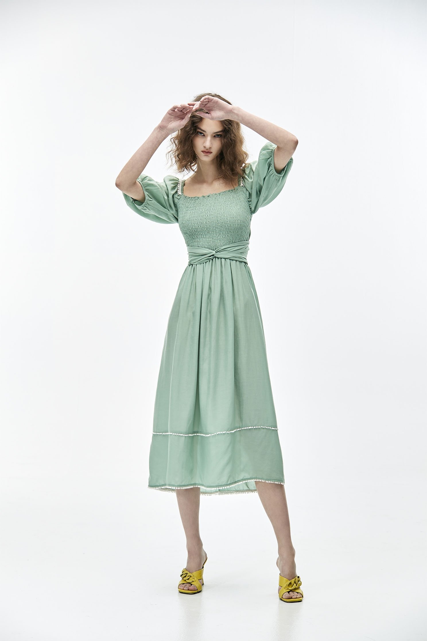 Two-Way Midi Puff Sleeve DressBean paste green dress with tie,Dresses,Season (SS) Look,mothergift