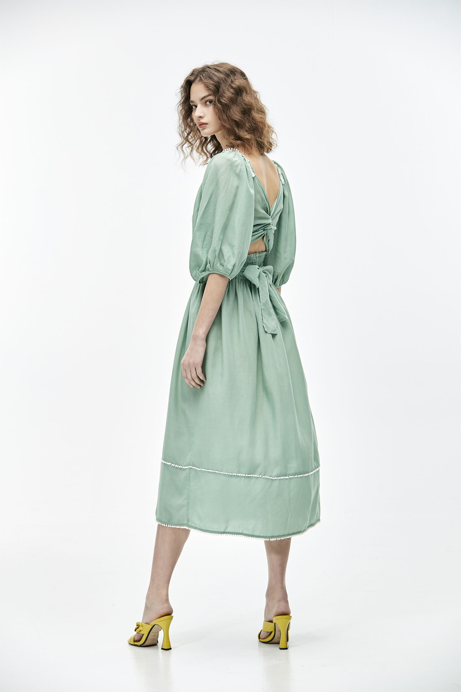 Two-Way Midi Puff Sleeve DressBean paste green dress with tie,Dresses,Season (SS) Look,mothergift