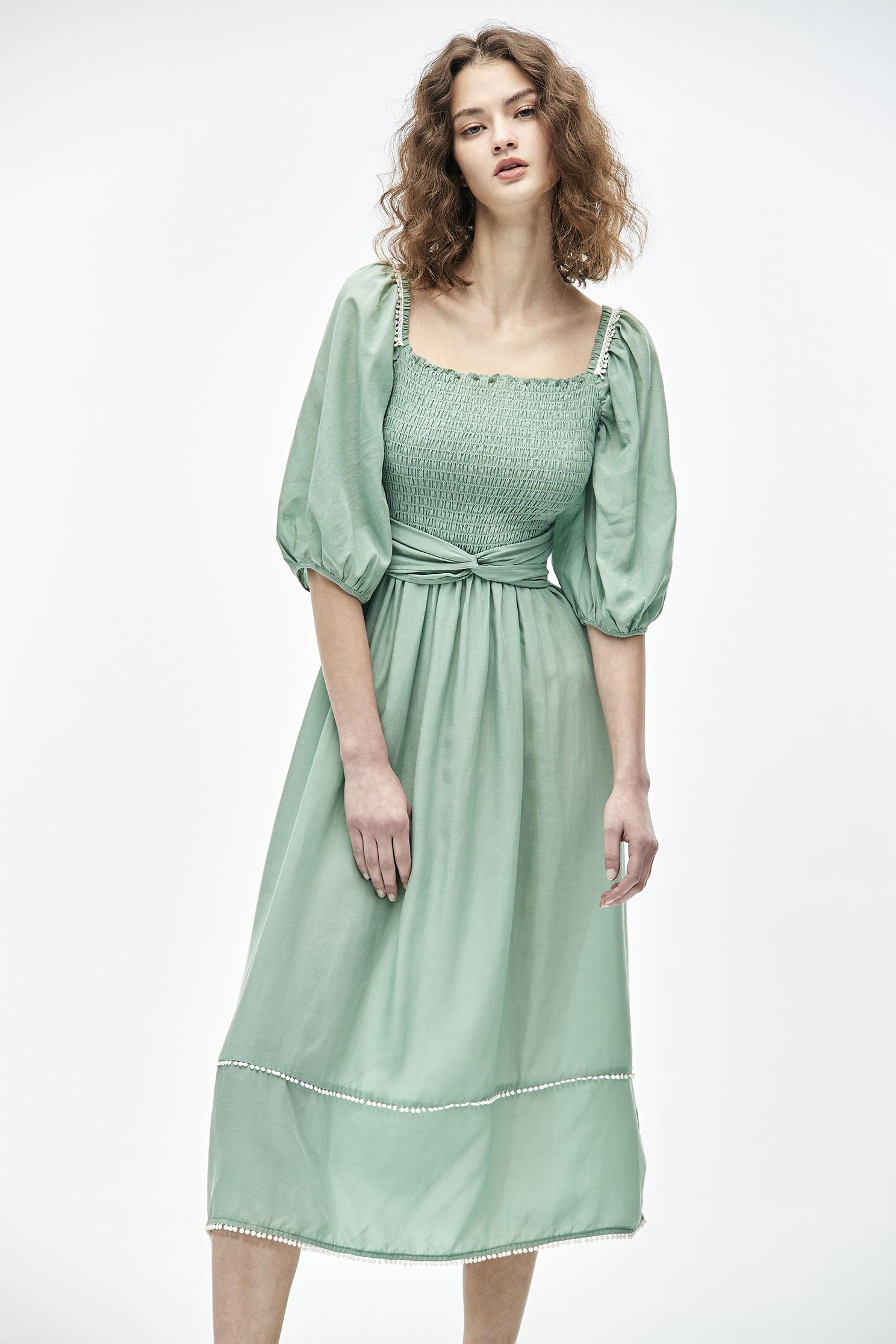 Two-Way Midi Puff Sleeve DressBean paste green dress with tie,Dresses,Season (SS) Look,mothergift