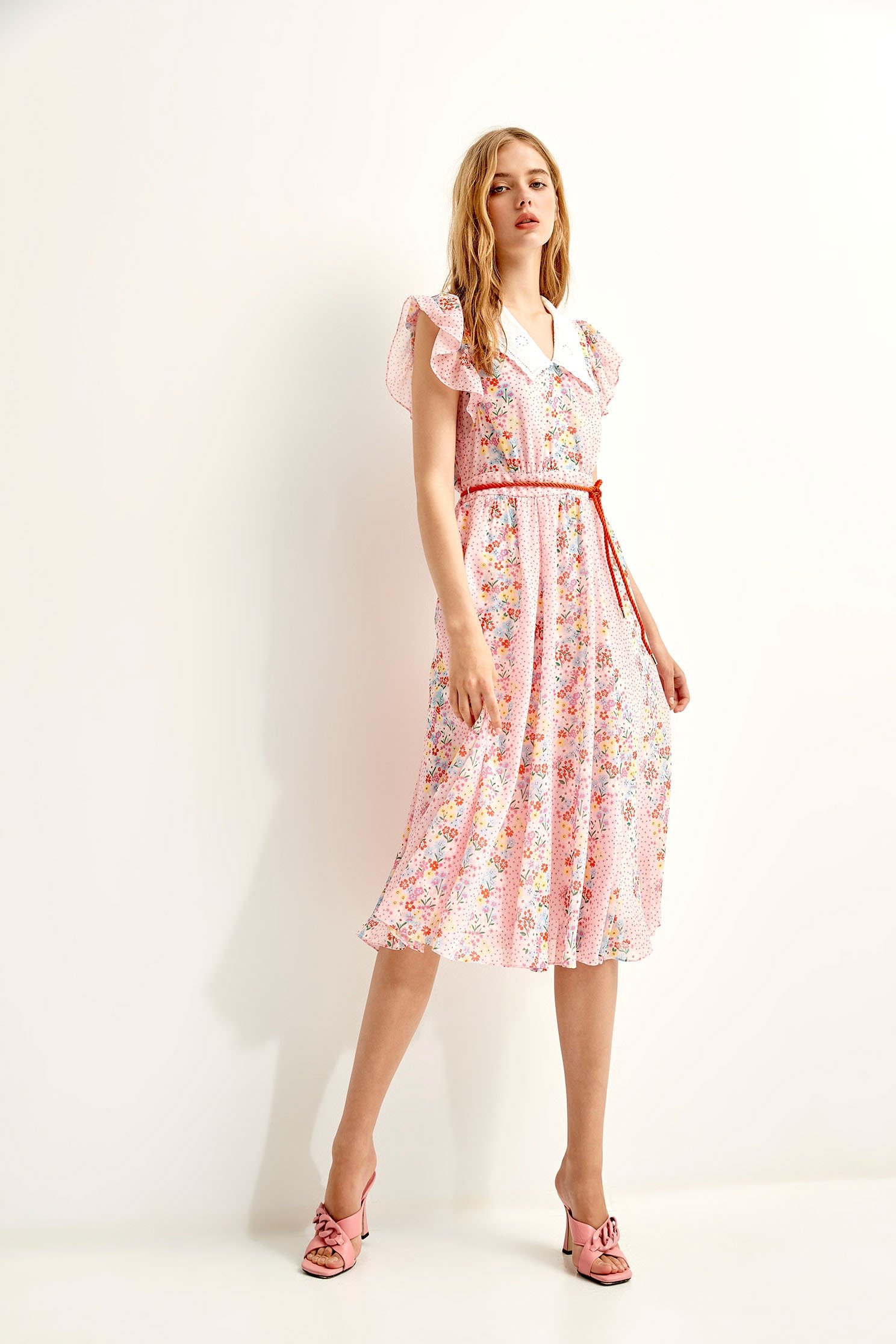 Floral With Dotted Print Contrast Ruffle DressFlowy dress with Rosa laevigata print,bestselling,Embroidered,Printed dresses,Chiffon dresses,Season (SS) Look,mothergift,Belts,Lace,Chiffon,Chiffon dresses