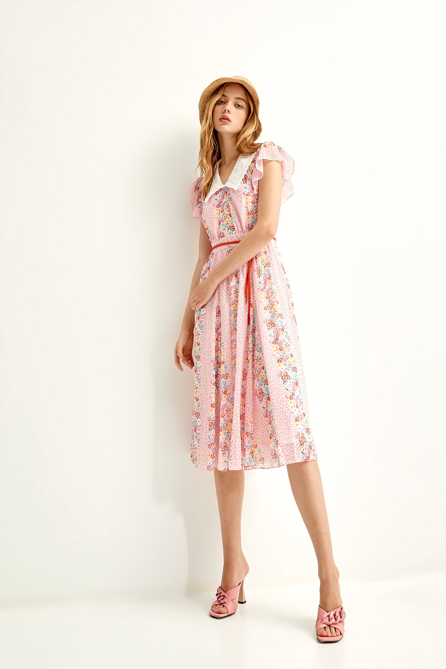 Floral With Dotted Print Contrast Ruffle DressFlowy dress with Rosa laevigata print,bestselling,Embroidered,Printed dresses,Chiffon dresses,Season (SS) Look,mothergift,Belts,Lace,Chiffon,Chiffon dresses