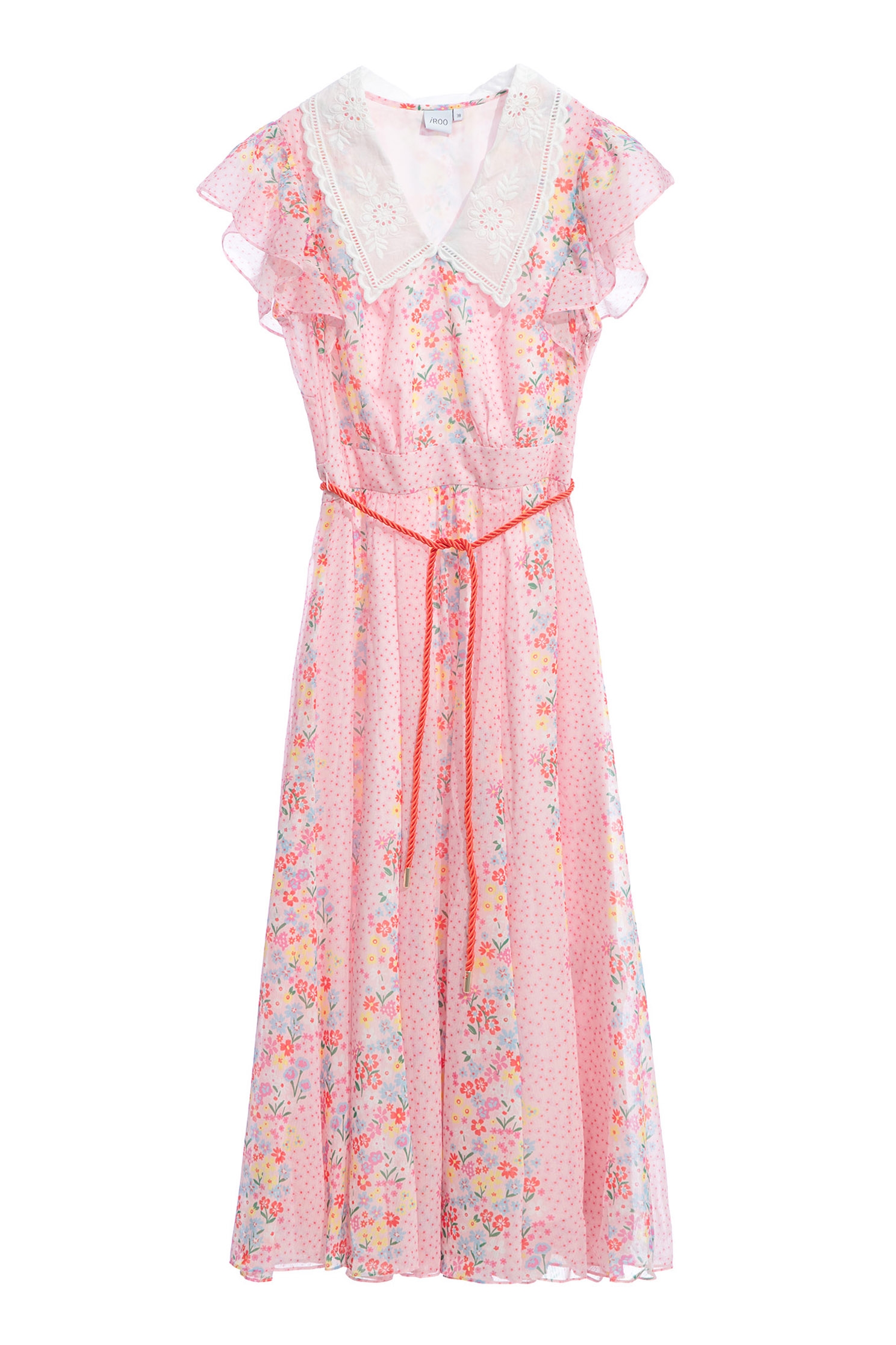 Floral With Dotted Print Contrast Ruffle DressFlowy dress with Rosa laevigata print,bestselling,Embroidered,Printed dresses,Chiffon dresses,Season (SS) Look,mothergift,Belts,Lace,Chiffon,Chiffon dresses