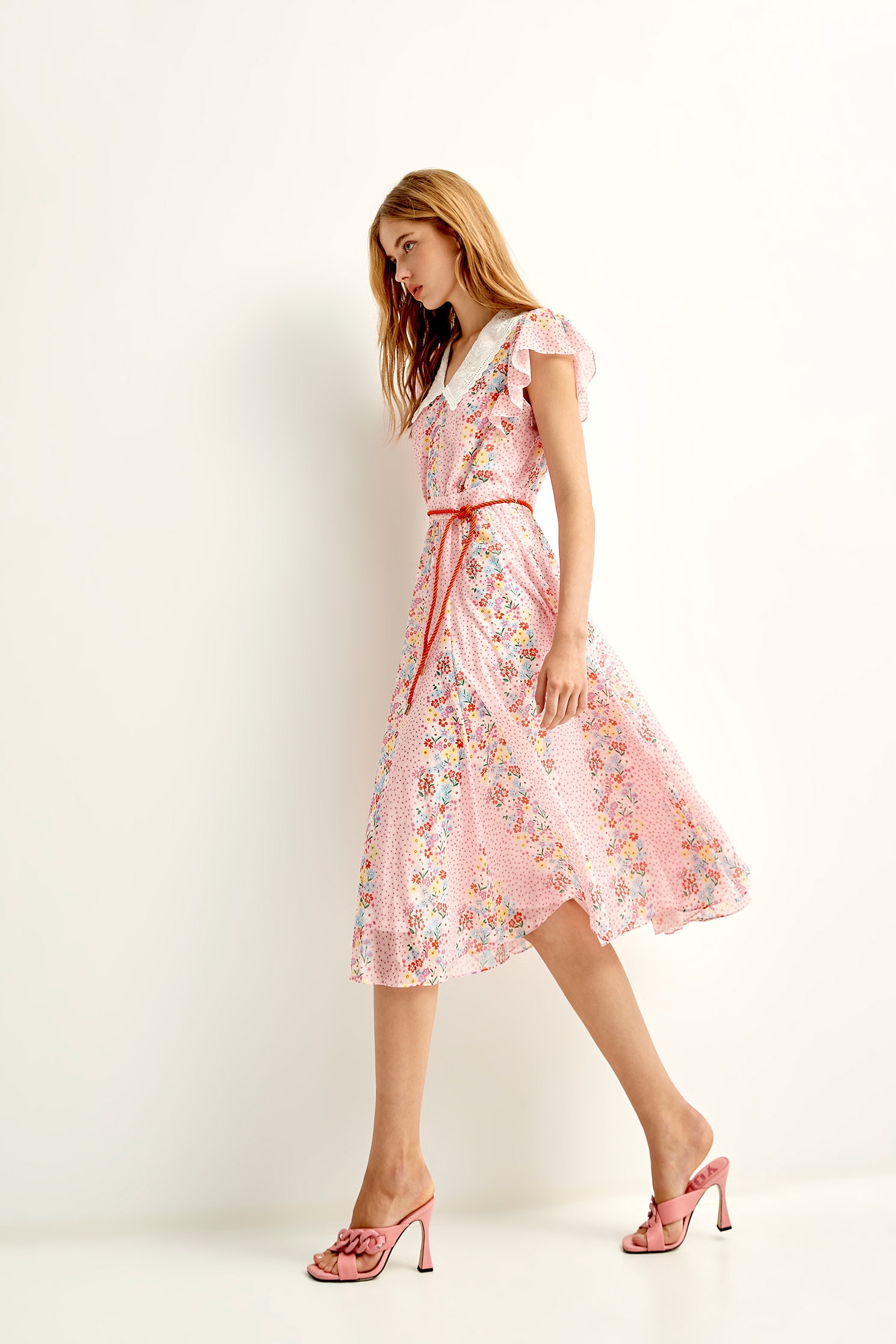 Floral With Dotted Print Contrast Ruffle DressFlowy dress with Rosa laevigata print,bestselling,Embroidered,Printed dresses,Chiffon dresses,Season (SS) Look,mothergift,Belts,Lace,Chiffon,Chiffon dresses