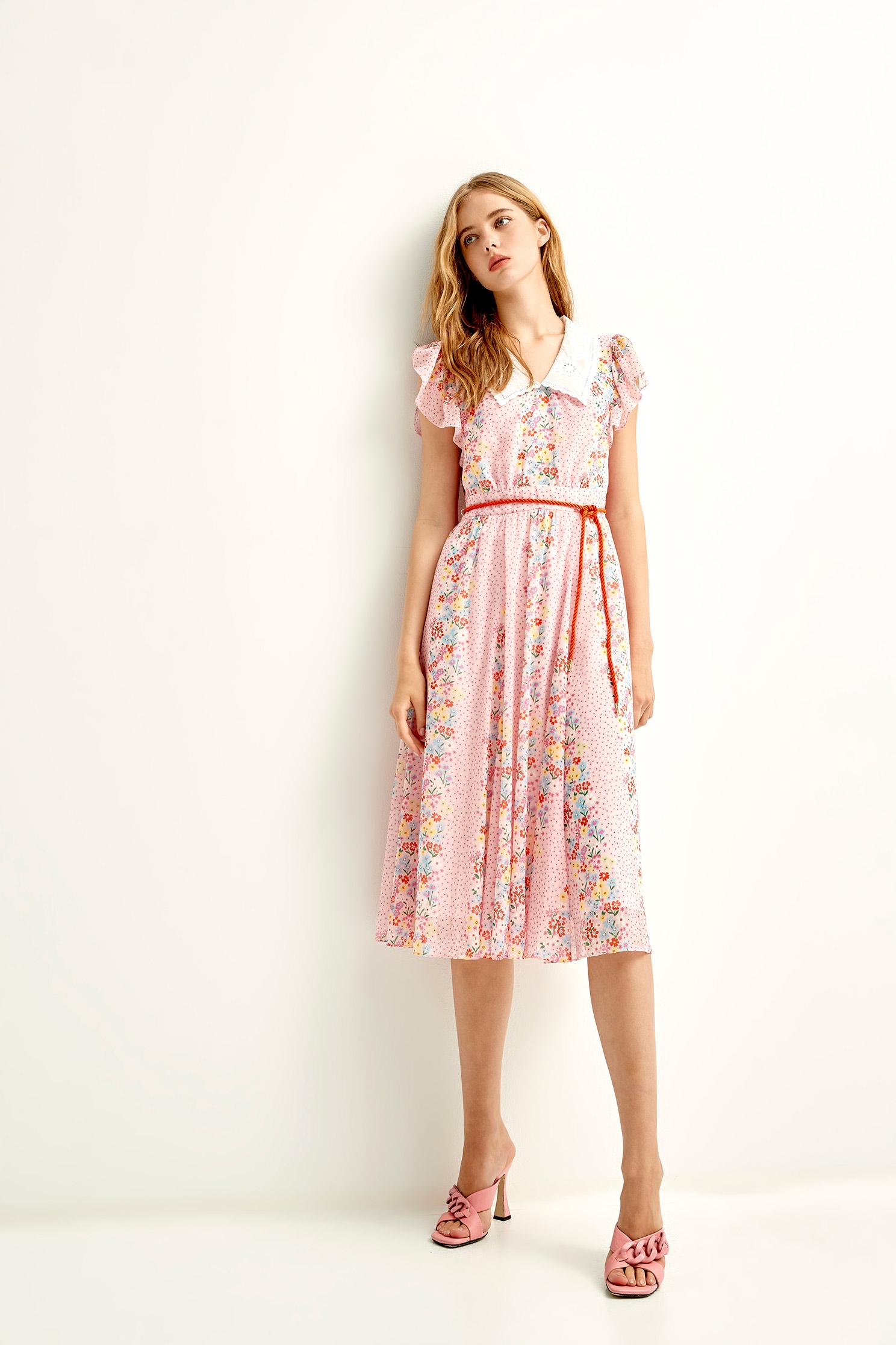 Floral With Dotted Print Contrast Ruffle DressFlowy dress with Rosa laevigata print,bestselling,Embroidered,Printed dresses,Chiffon dresses,Season (SS) Look,mothergift,Belts,Lace,Chiffon,Chiffon dresses