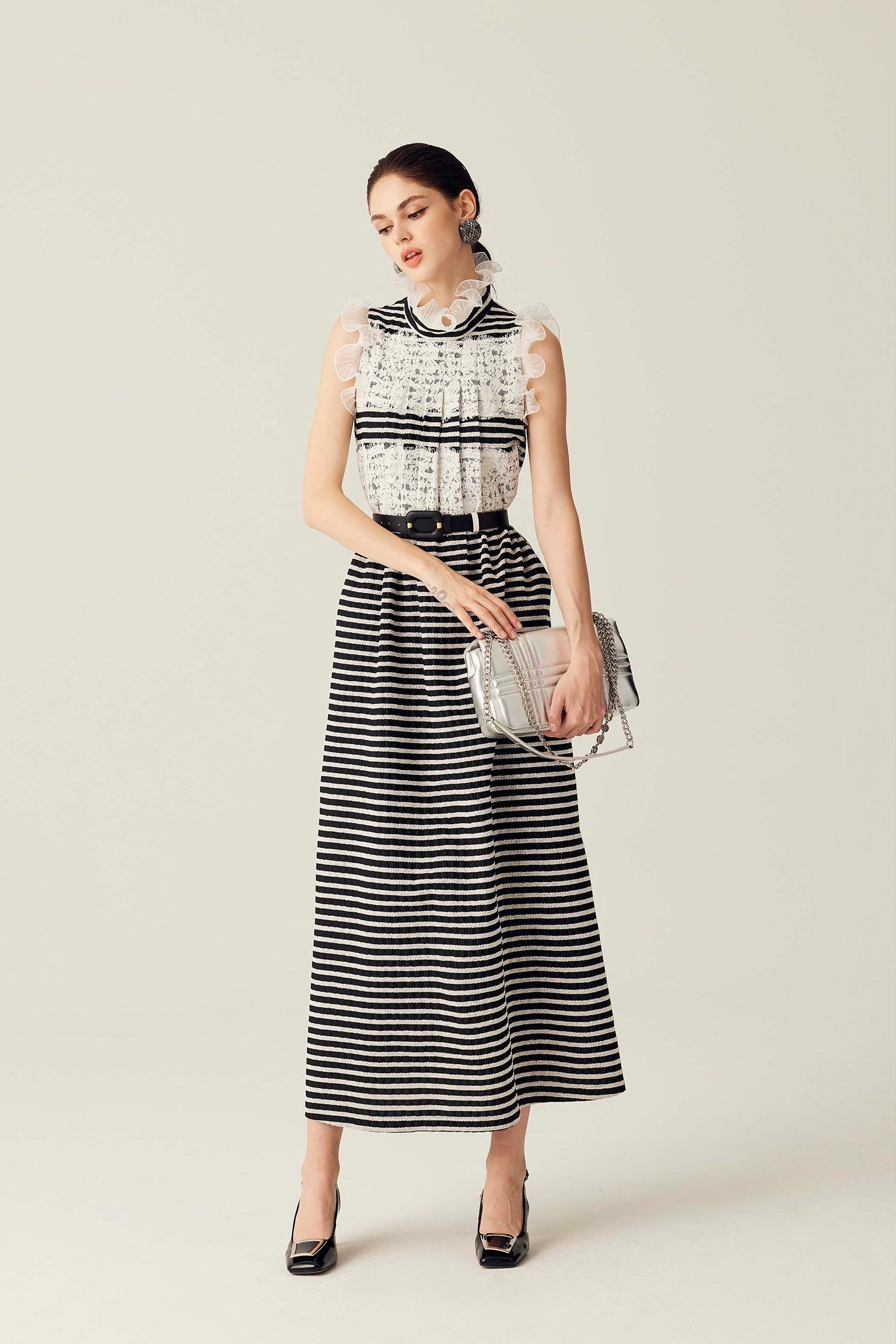 Sleeveless Black White Stripe Lace DressSleeveless Black White Stripe Lace Dress,Dresses,Season (SS) Look,Stripe,Maxi dresses