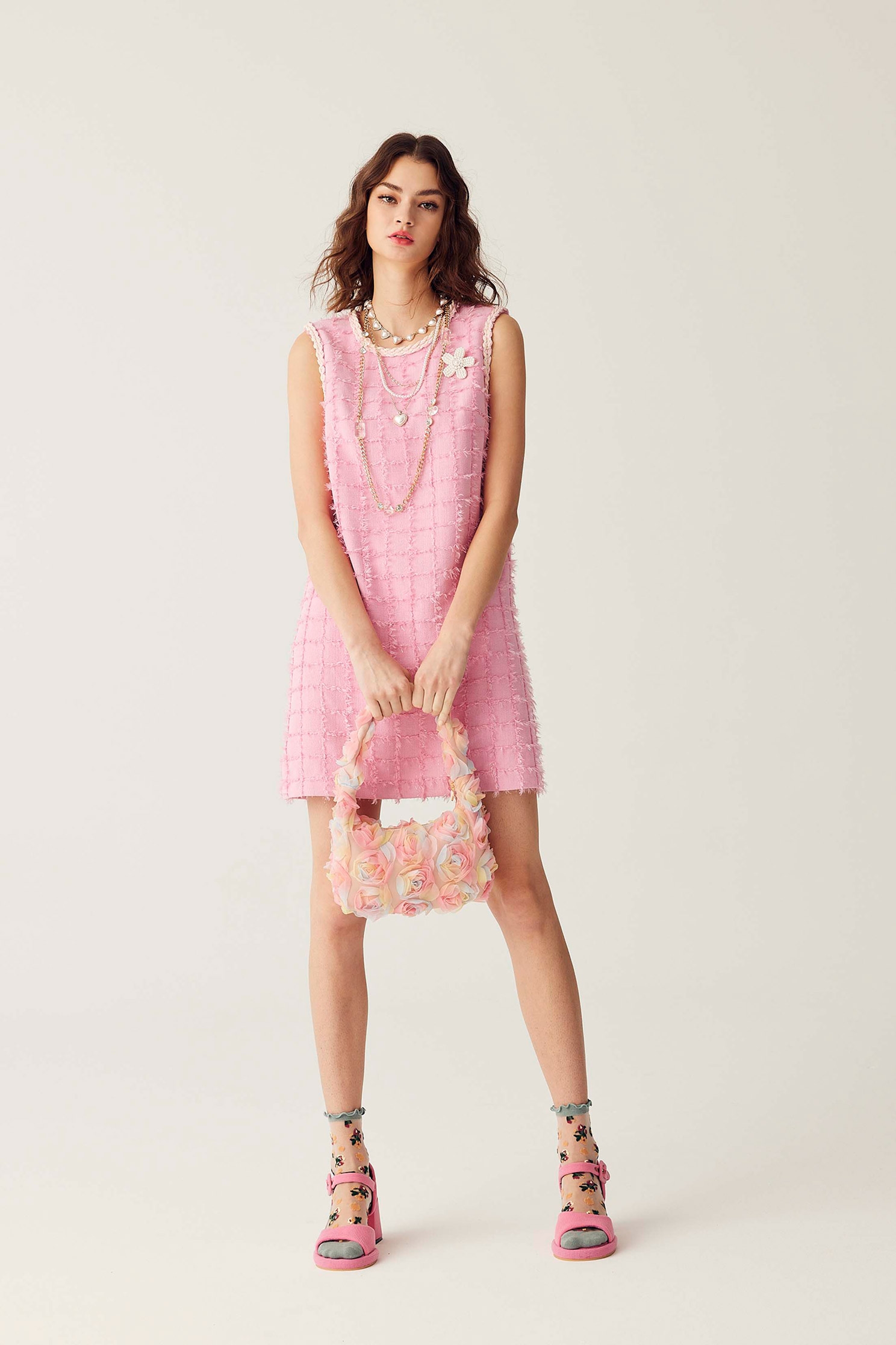 Sleeveless Fringe Pink DressSleeveless Fringe Pink Dress,Dresses,Season (SS) Look,Plaid,pearl