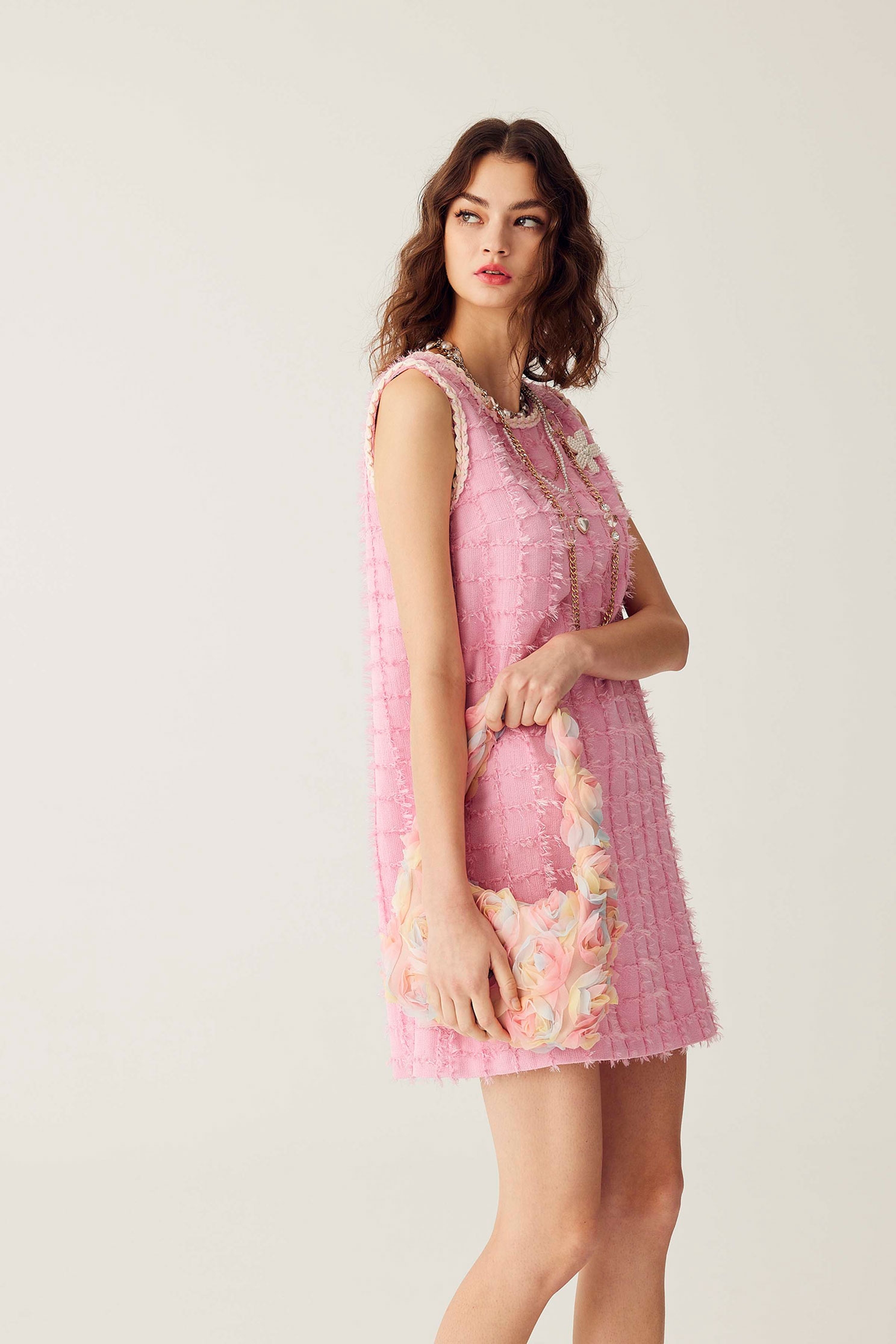 Sleeveless Fringe Pink DressSleeveless Fringe Pink Dress,Dresses,Season (SS) Look,Plaid,pearl