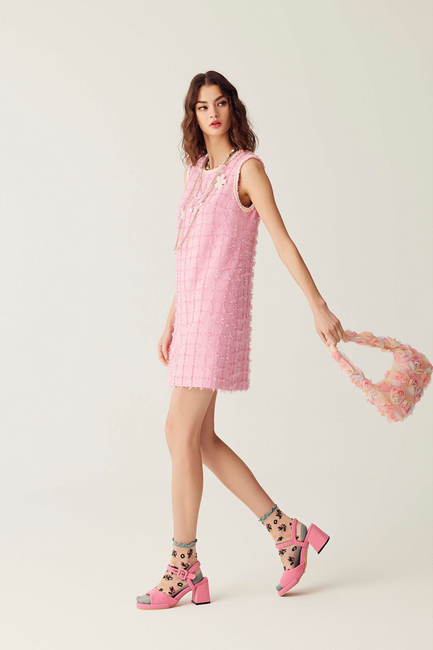 Sleeveless Fringe Pink DressSleeveless Fringe Pink Dress,Dresses,Season (SS) Look,Plaid,pearl