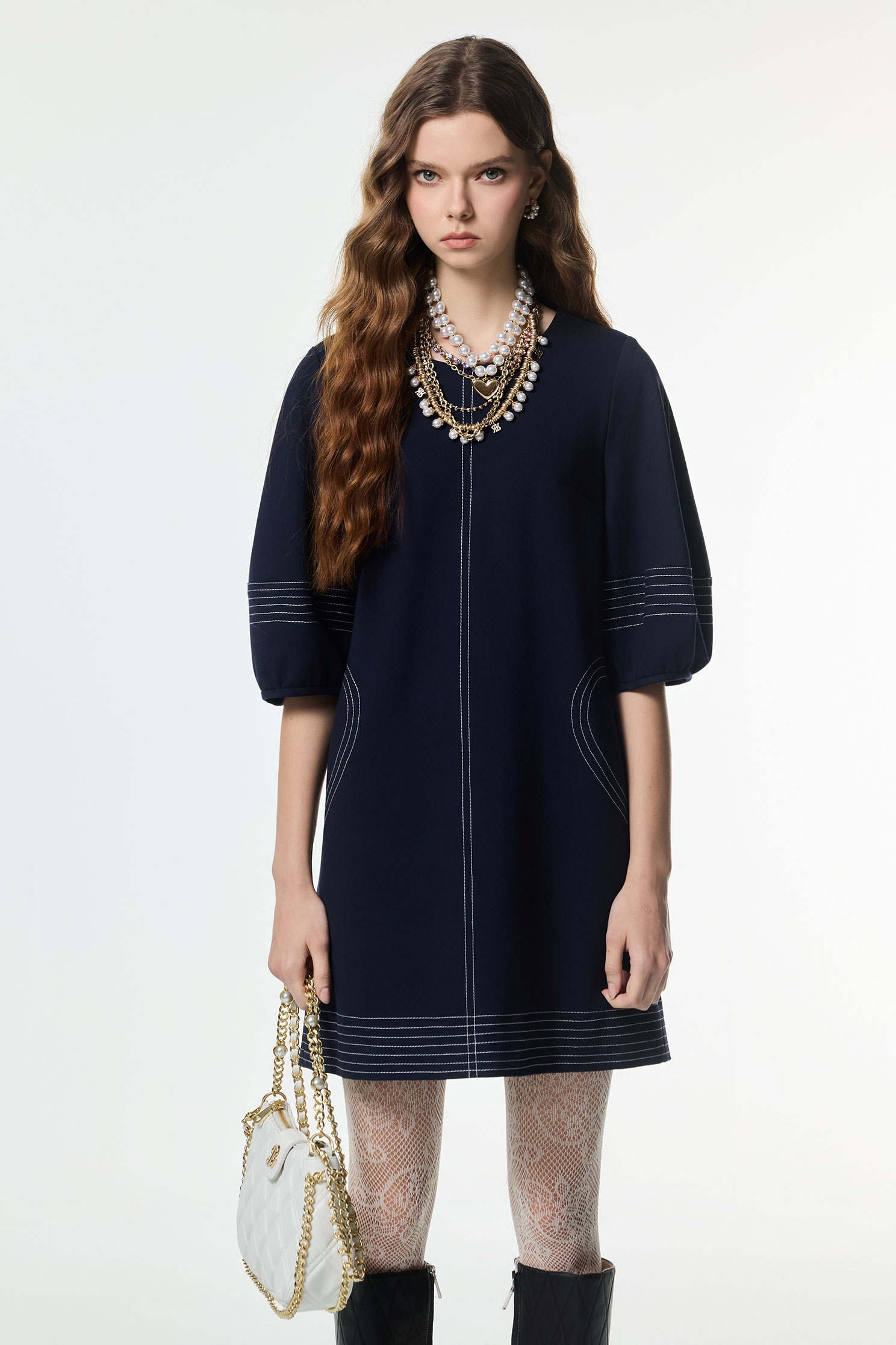 Contrast Stitching Detail Navy DressContrast Stitching Detail Navy Dress,Dresses,Season (AW) Look