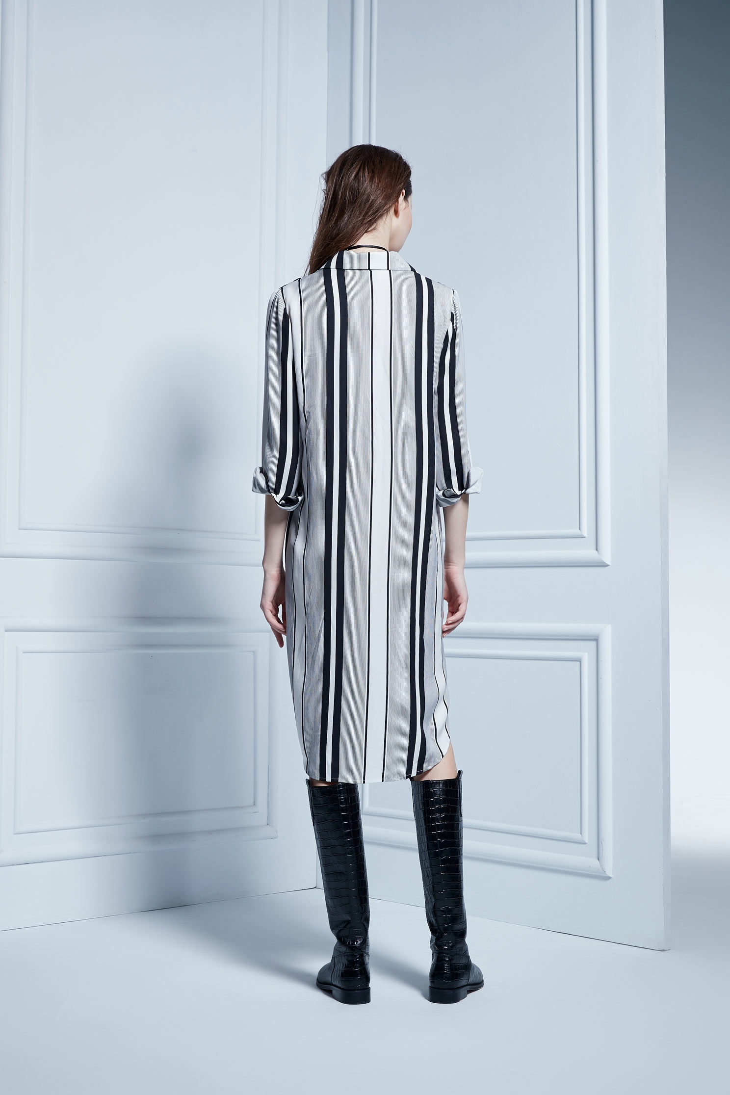 Stripe Printed Shirt DressSTRIPED SHIRT DRESS,Dresses,Printed dresses,Rayon,Shirt dresses,Stripe,Season (AW) Look,Blouses,Long sleeve dresses