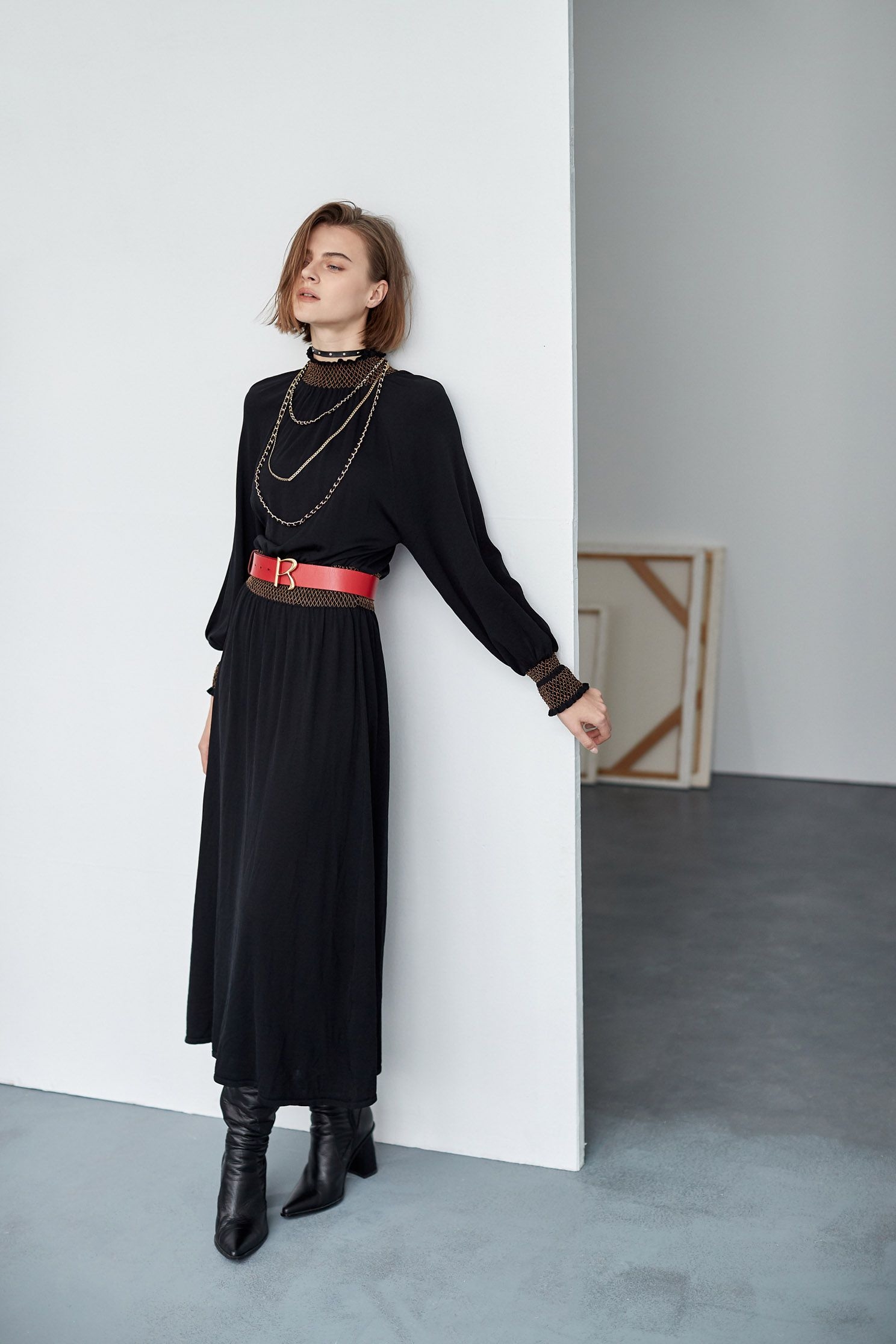 Brown Trim Contrast Knit DressBohemian style knit long dress,Dresses,Rayon,Knitted dresses,travelwear,Party Looks,Season (AW) Look,slimlooks,Knitted,Knitted dresses,Long sleeve dresses,Black dresses