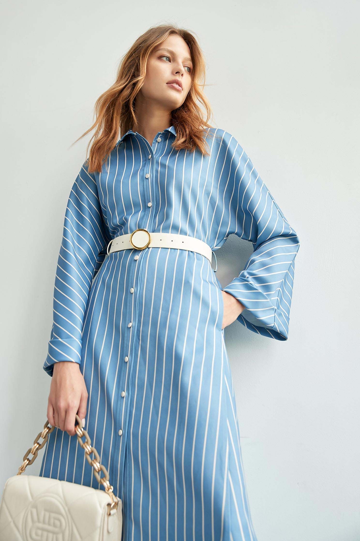 Stripe Printed Wide Sleeve Shirt DressStrap shirt-style dress,Shirt dresses,goodlucknewyear,Stripe,Season (AW) Look,Blouses,Long sleeve dresses