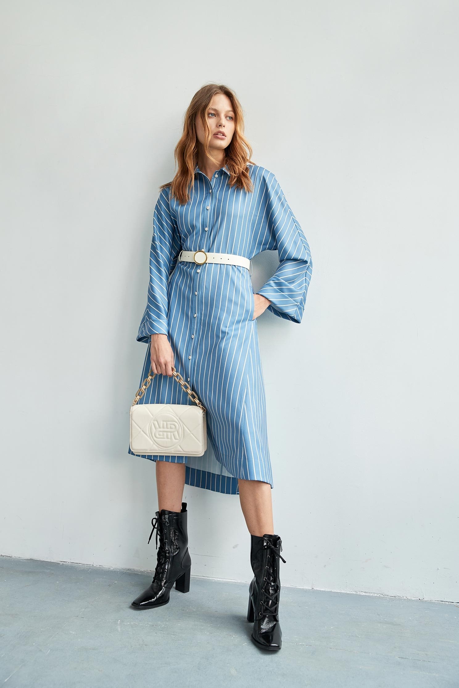 Stripe Printed Wide Sleeve Shirt DressStrap shirt-style dress,Shirt dresses,goodlucknewyear,Stripe,Season (AW) Look,Blouses,Long sleeve dresses