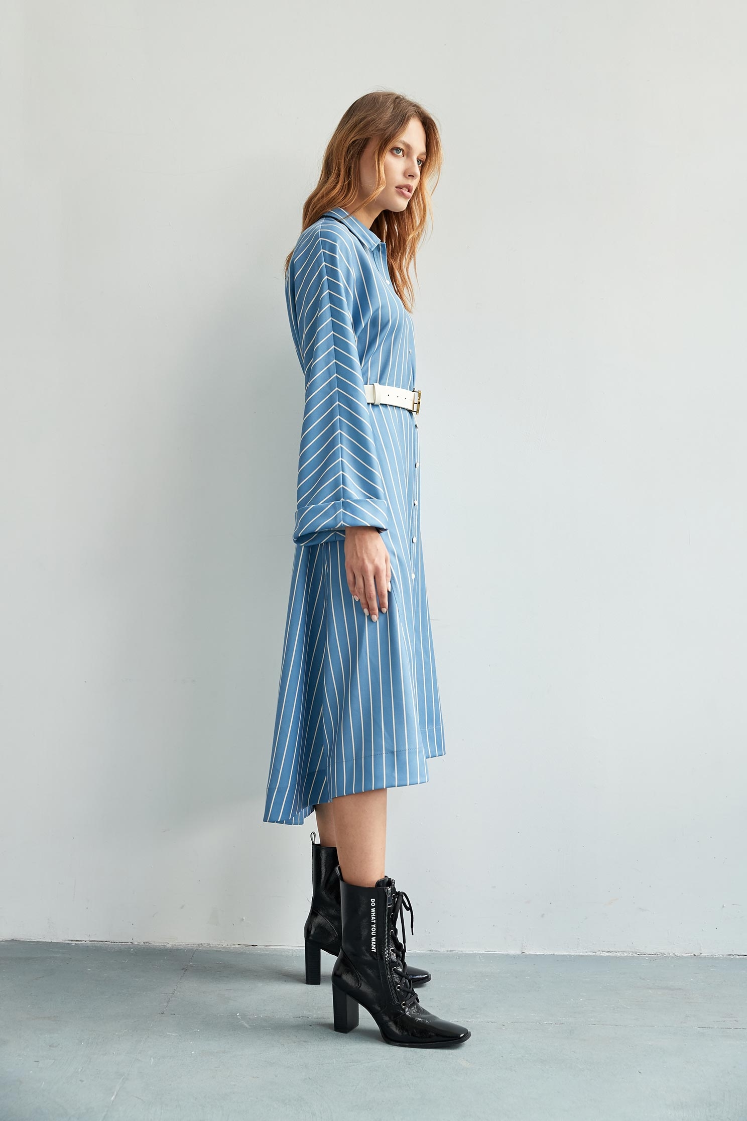 Stripe Printed Wide Sleeve Shirt DressStrap shirt-style dress,Shirt dresses,goodlucknewyear,Stripe,Season (AW) Look,Blouses,Long sleeve dresses