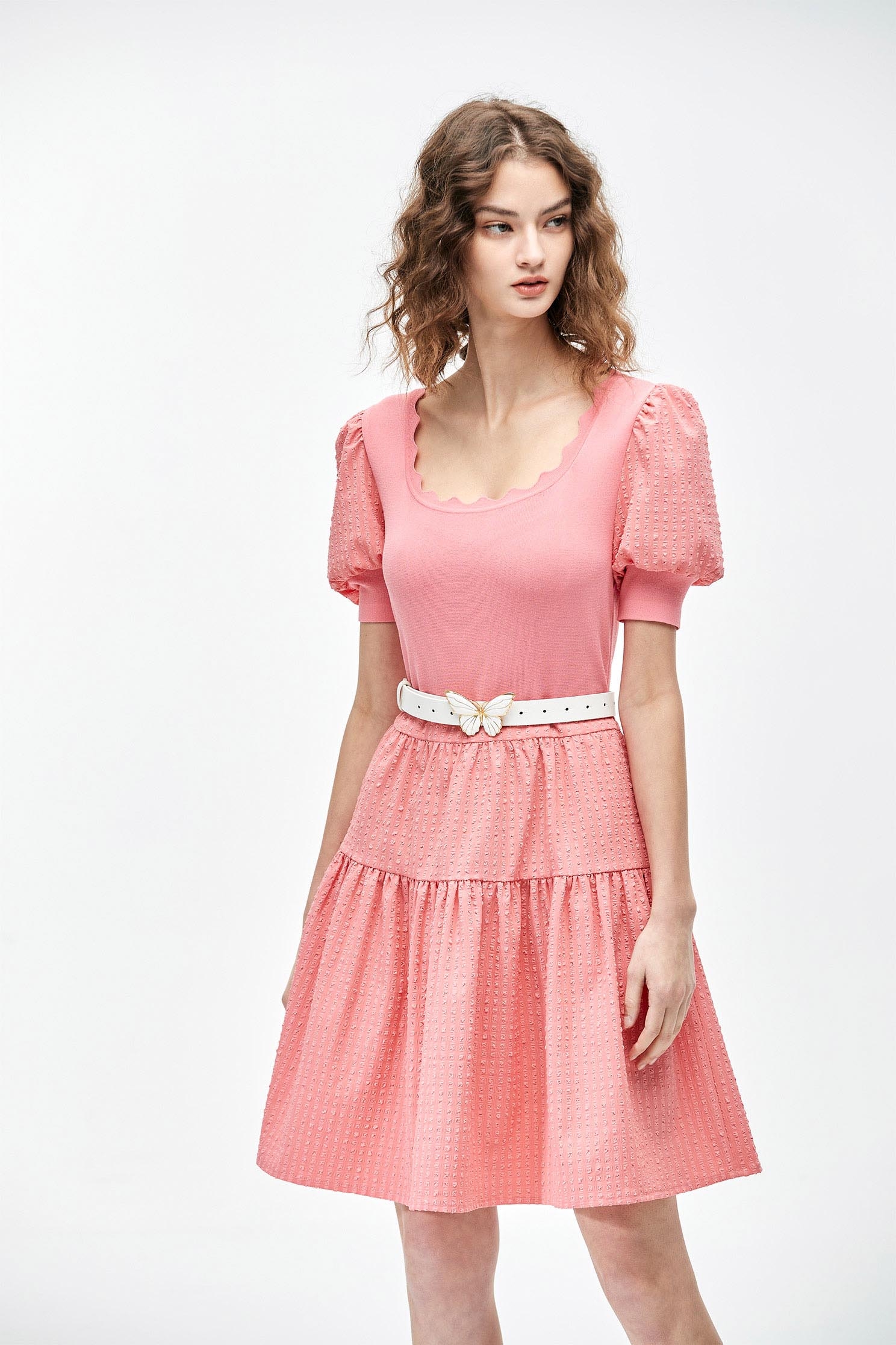 Pink Puff Sleeve Short DressPink punch knit dress,Knitted dresses,Season (SS) Look,Plaid,Knitted,Knitted dresses