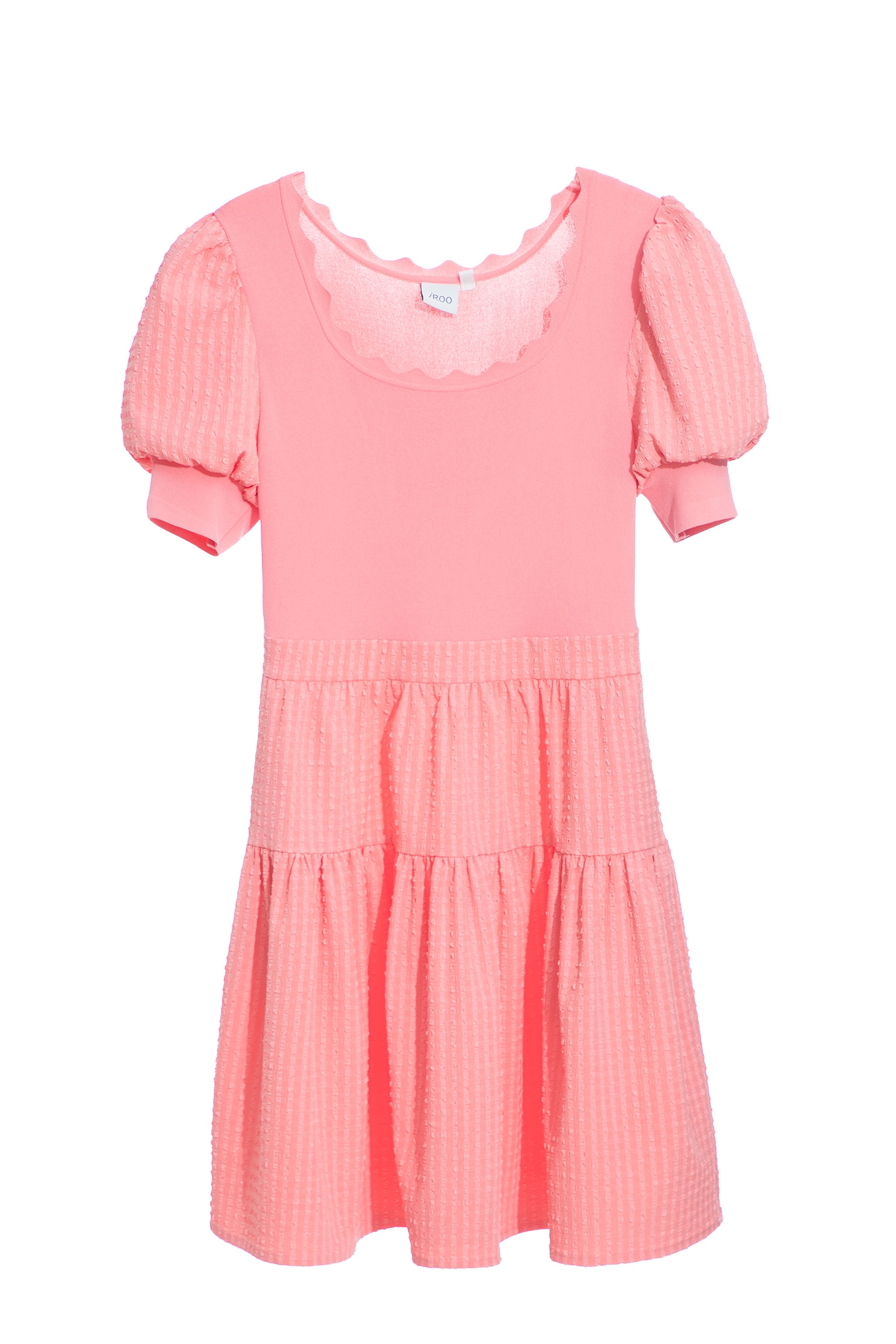 Pink Puff Sleeve Short DressPink punch knit dress,Knitted dresses,Season (SS) Look,Plaid,Knitted,Knitted dresses