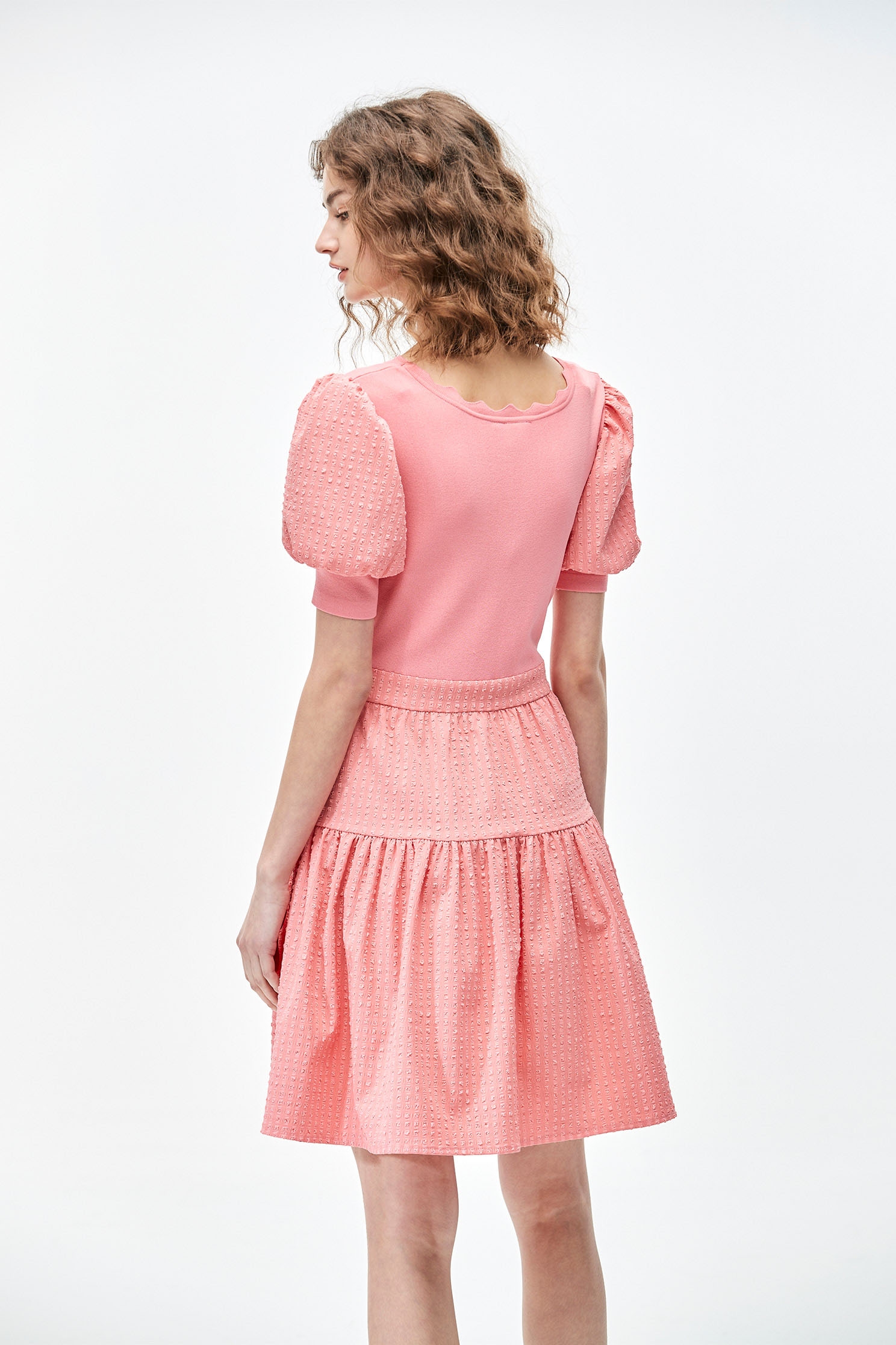 Pink Puff Sleeve Short DressPink punch knit dress,Knitted dresses,Season (SS) Look,Plaid,Knitted,Knitted dresses