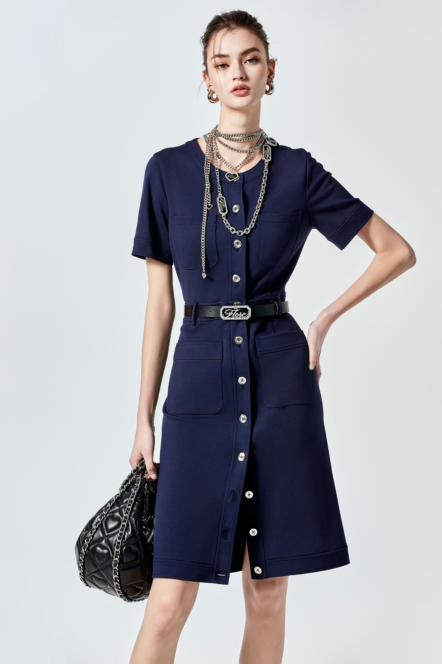 Short Sleeve Button Front Navy DressShort Sleeve Button Front Navy Dress,Dresses,Season (SS) Look,Short sleeve dresses