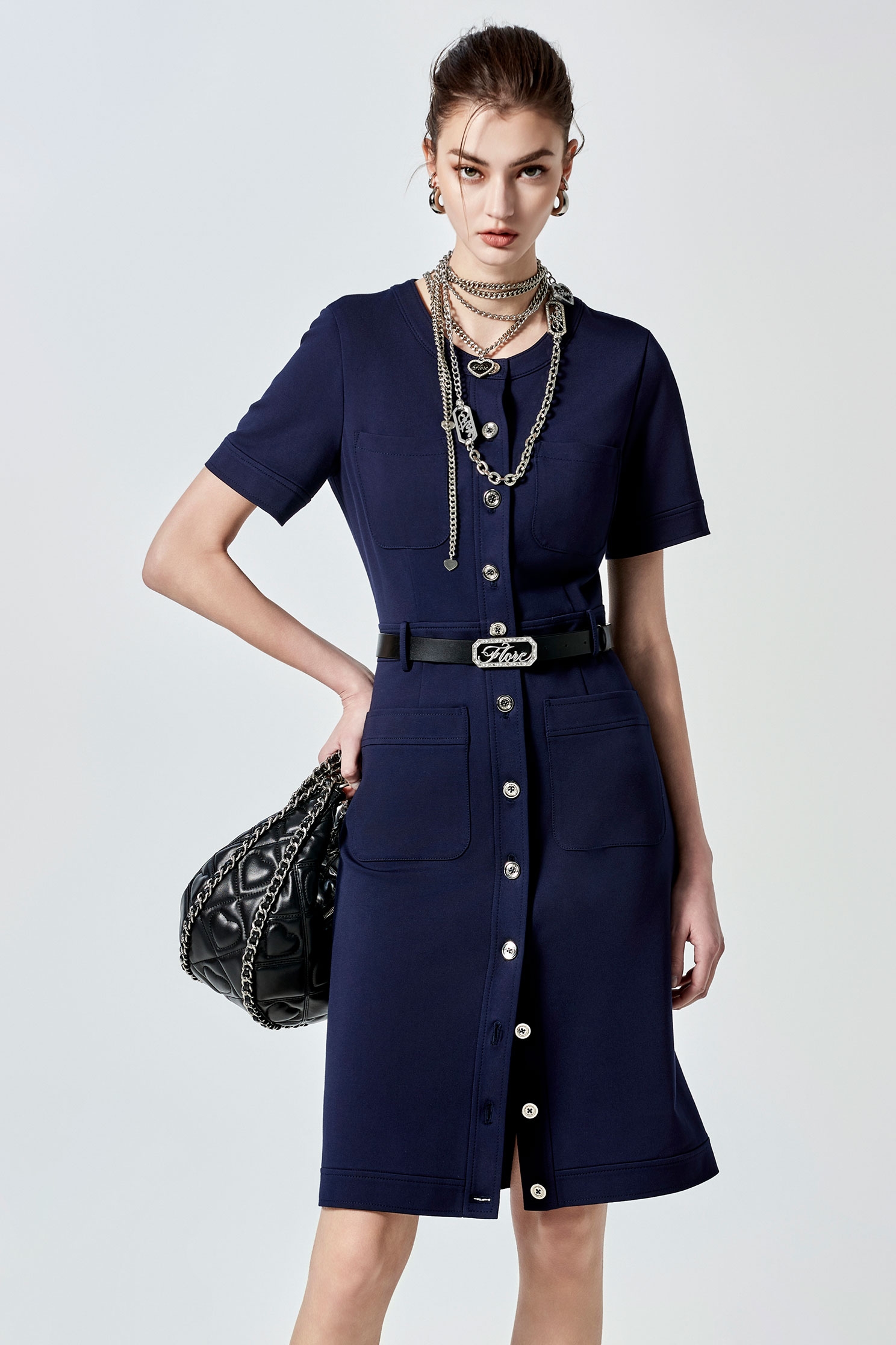 Short Sleeve Button Front Navy DressShort Sleeve Button Front Navy Dress,Dresses,Season (SS) Look,Short sleeve dresses