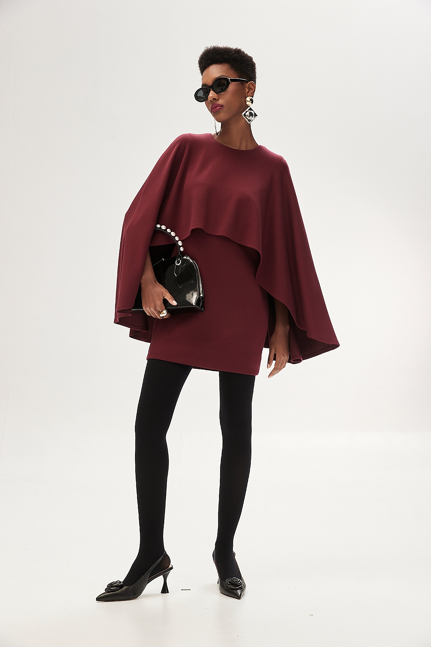 Wine Red Cape Sleeve DressWine Red Cape Sleeve Dress,Dresses,Season (SS) Look