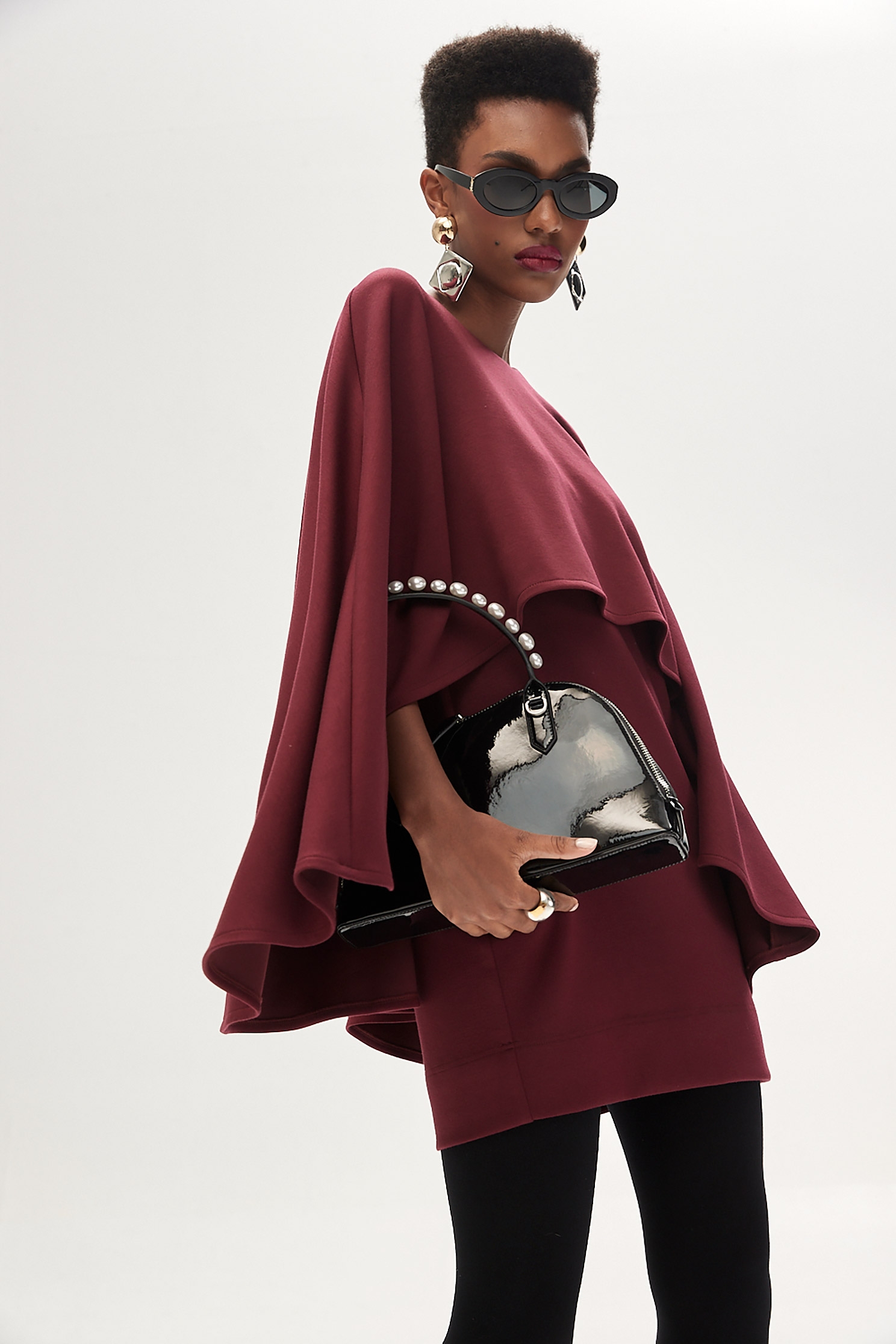 Wine Red Cape Sleeve DressWine Red Cape Sleeve Dress,Dresses,Season (SS) Look