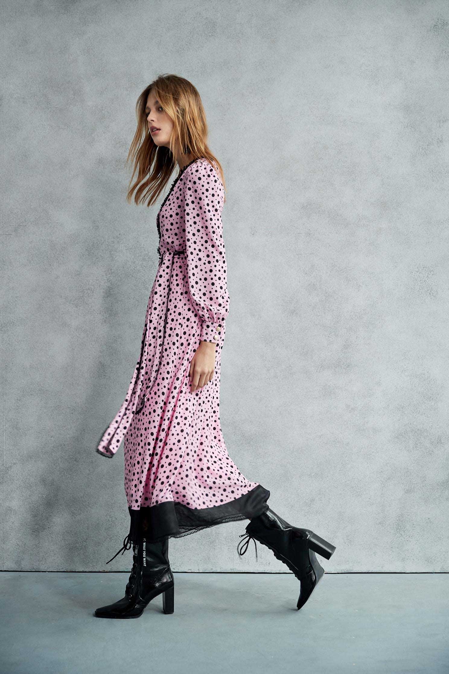 Black Polk Dot Pink Maxi DressLoose-fitting dotted long dress with belt,Dresses,Printed dresses,mothergift,dotcollection,Season (AW) Look,Belts,Lace,dresses,Maxi dresses,Long sleeve dresses