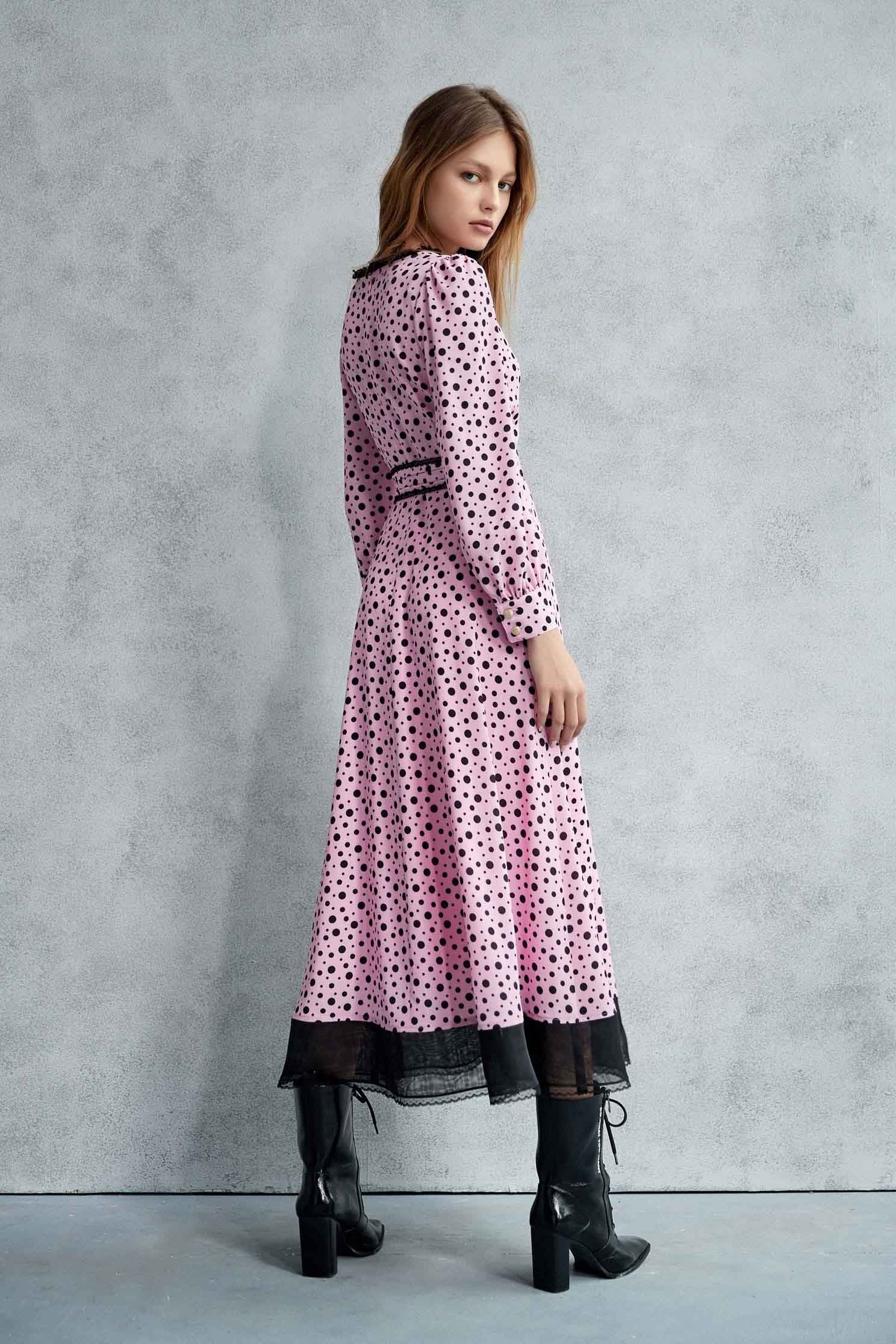 Black Polk Dot Pink Maxi DressLoose-fitting dotted long dress with belt,Dresses,Printed dresses,mothergift,dotcollection,Season (AW) Look,Belts,Lace,dresses,Maxi dresses,Long sleeve dresses