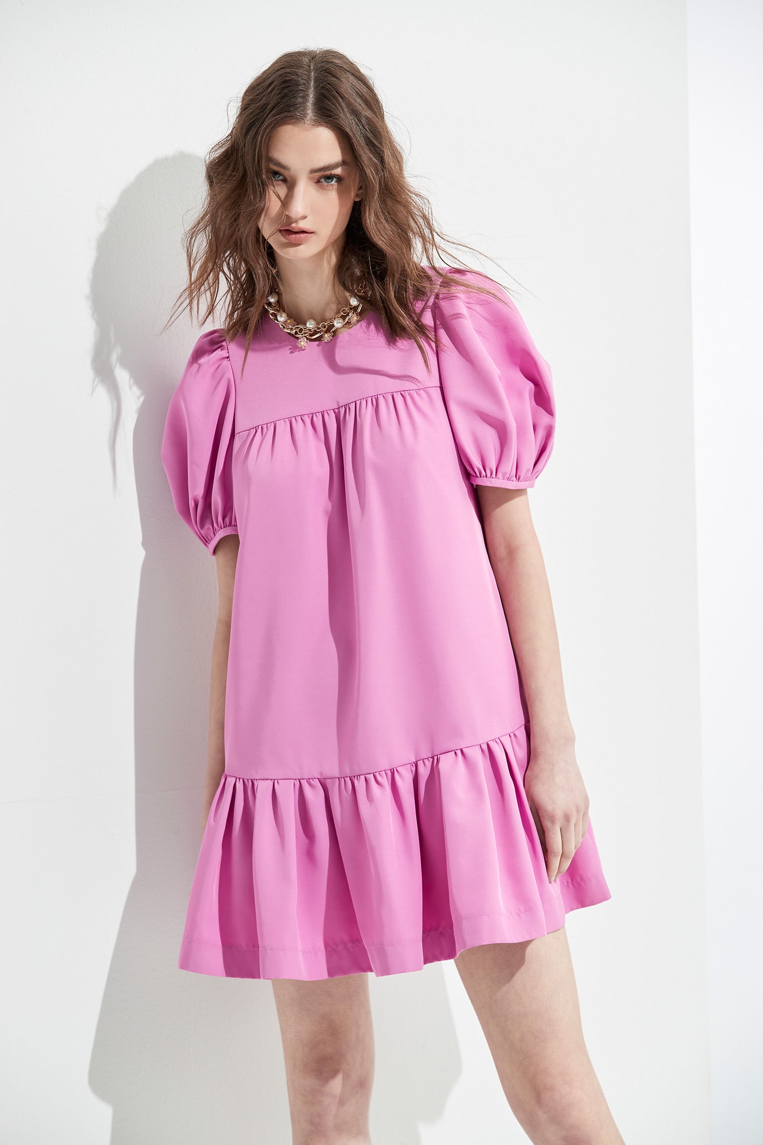 Pink Loose Fit Dress With Puff SleeveWild rose color vintage puffball dress,Dresses,cocktaildresses,Season (SS) Look,Evening dresses