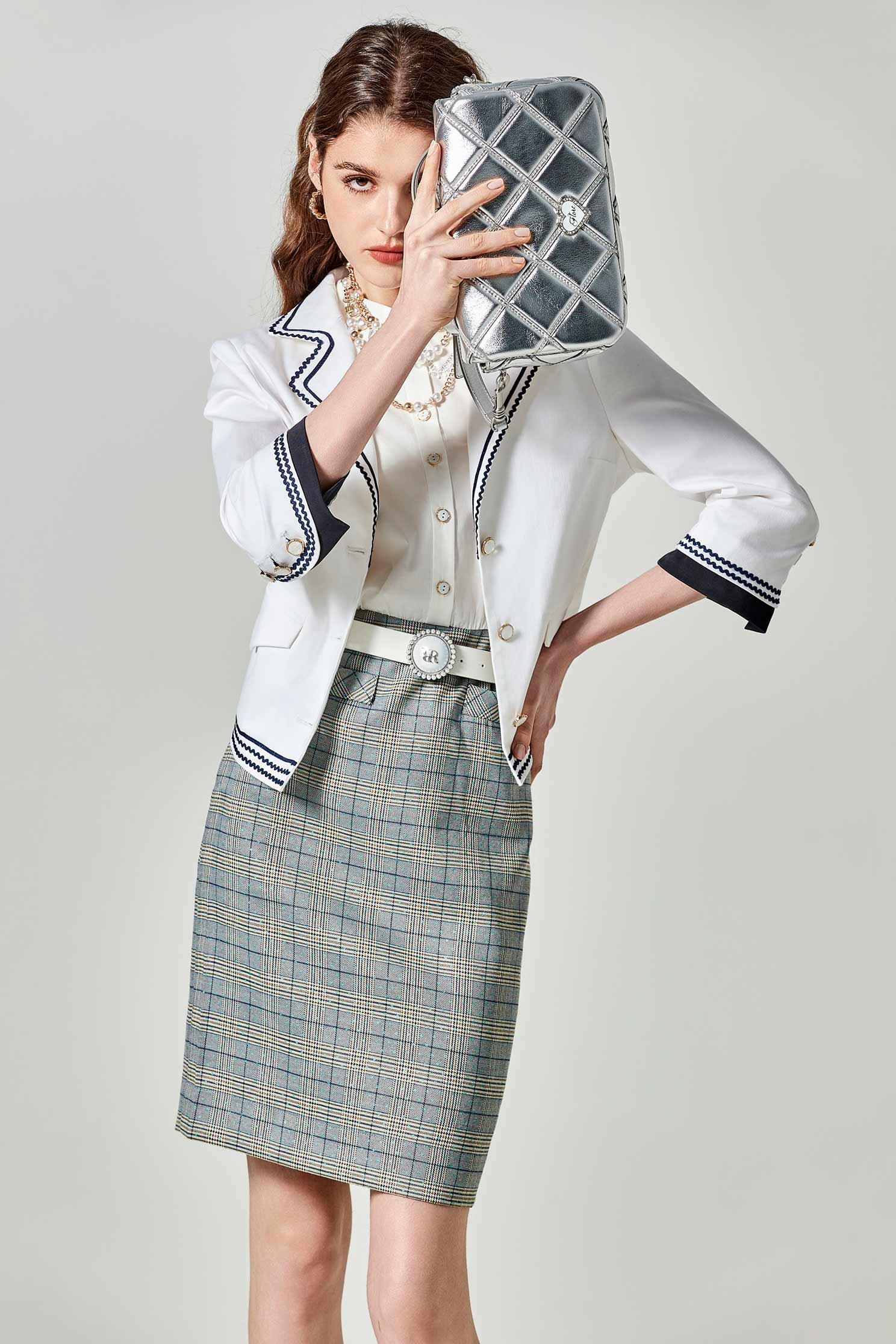 Sleeveless Grey Checkered Splicing DressSerenity blue checked dress,Dresses,Season (SS) Look,Plaid,Lace