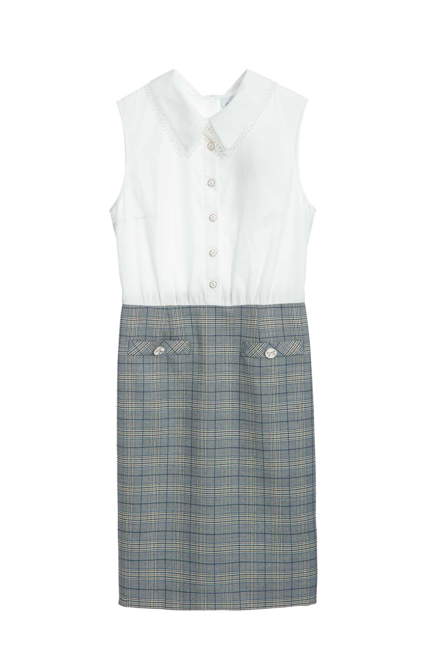 Sleeveless Grey Checkered Splicing DressSerenity blue checked dress,Dresses,Season (SS) Look,Plaid,Lace