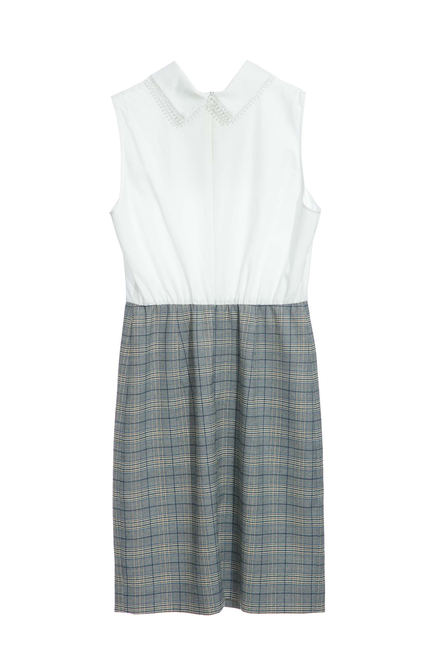 Sleeveless Grey Checkered Splicing DressSerenity blue checked dress,Dresses,Season (SS) Look,Plaid,Lace