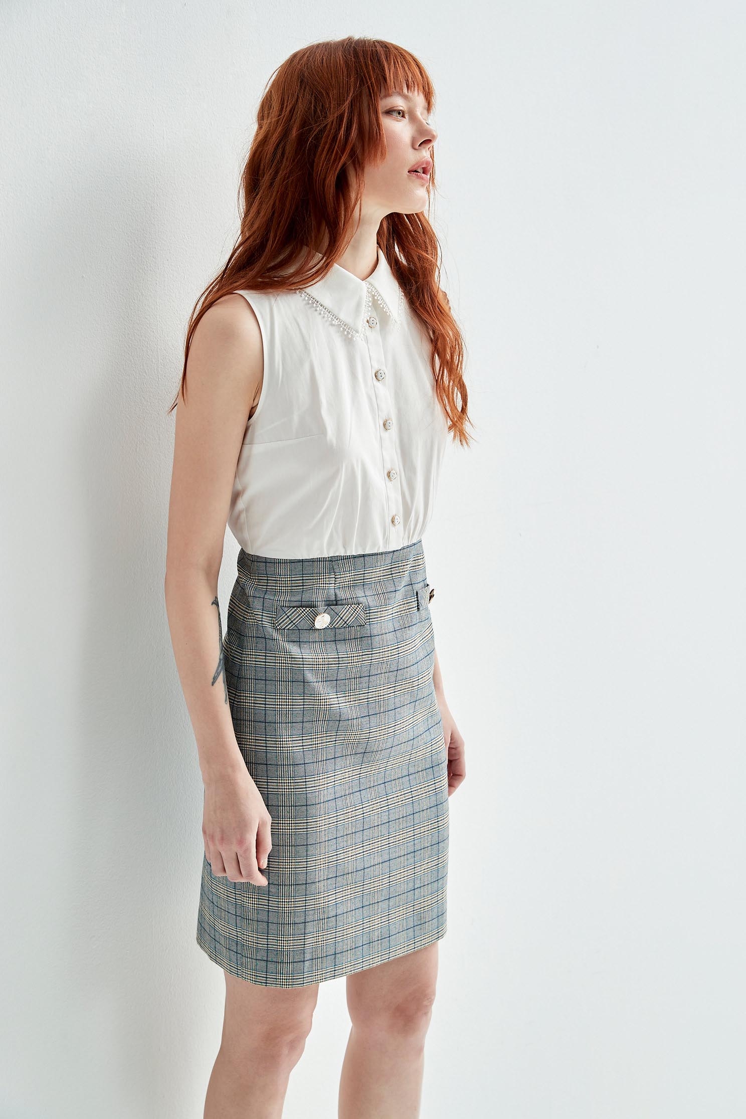 Sleeveless Grey Checkered Splicing DressSerenity blue checked dress,Dresses,Season (SS) Look,Plaid,Lace