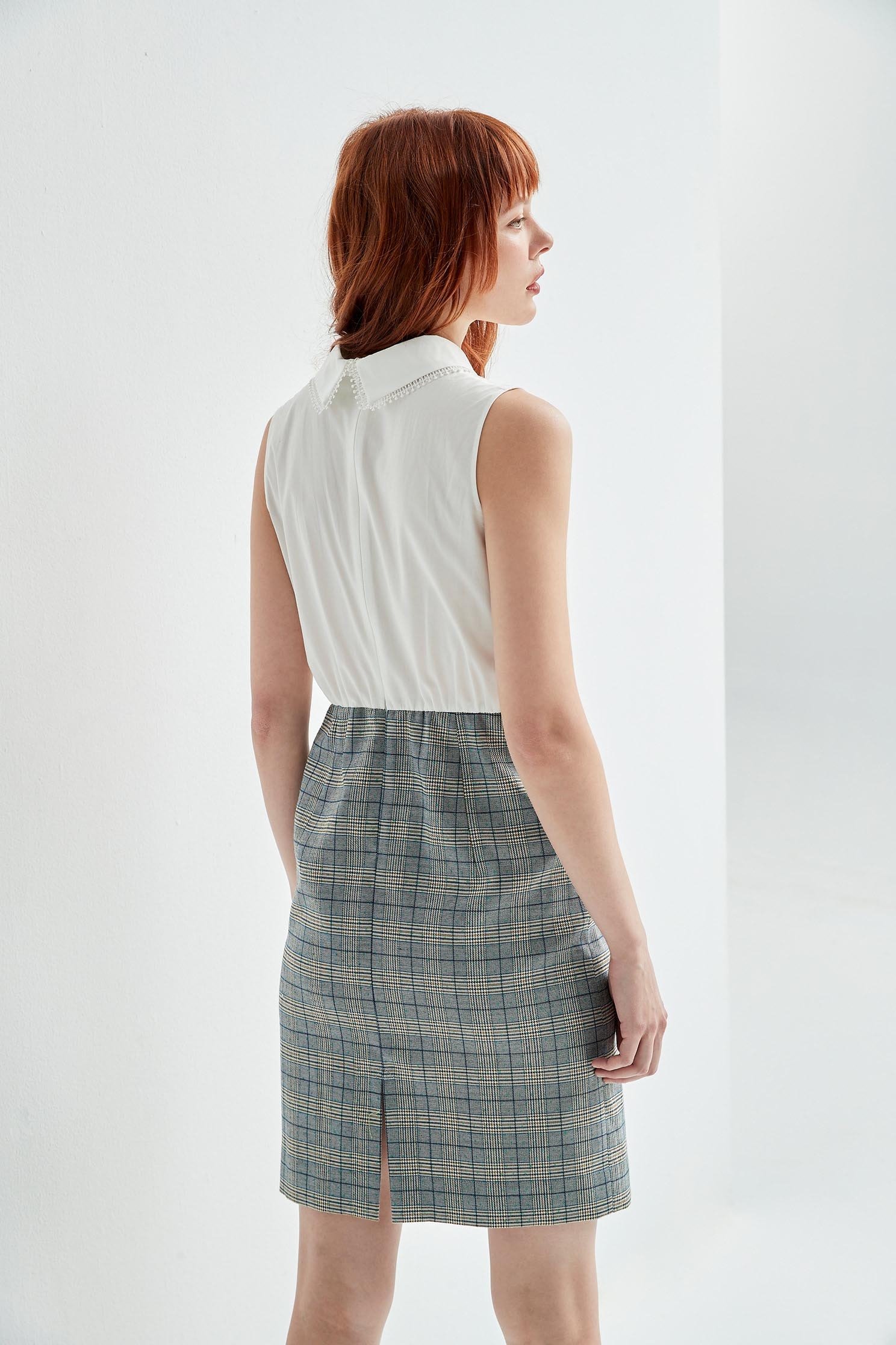 Sleeveless Grey Checkered Splicing DressSerenity blue checked dress,Dresses,Season (SS) Look,Plaid,Lace