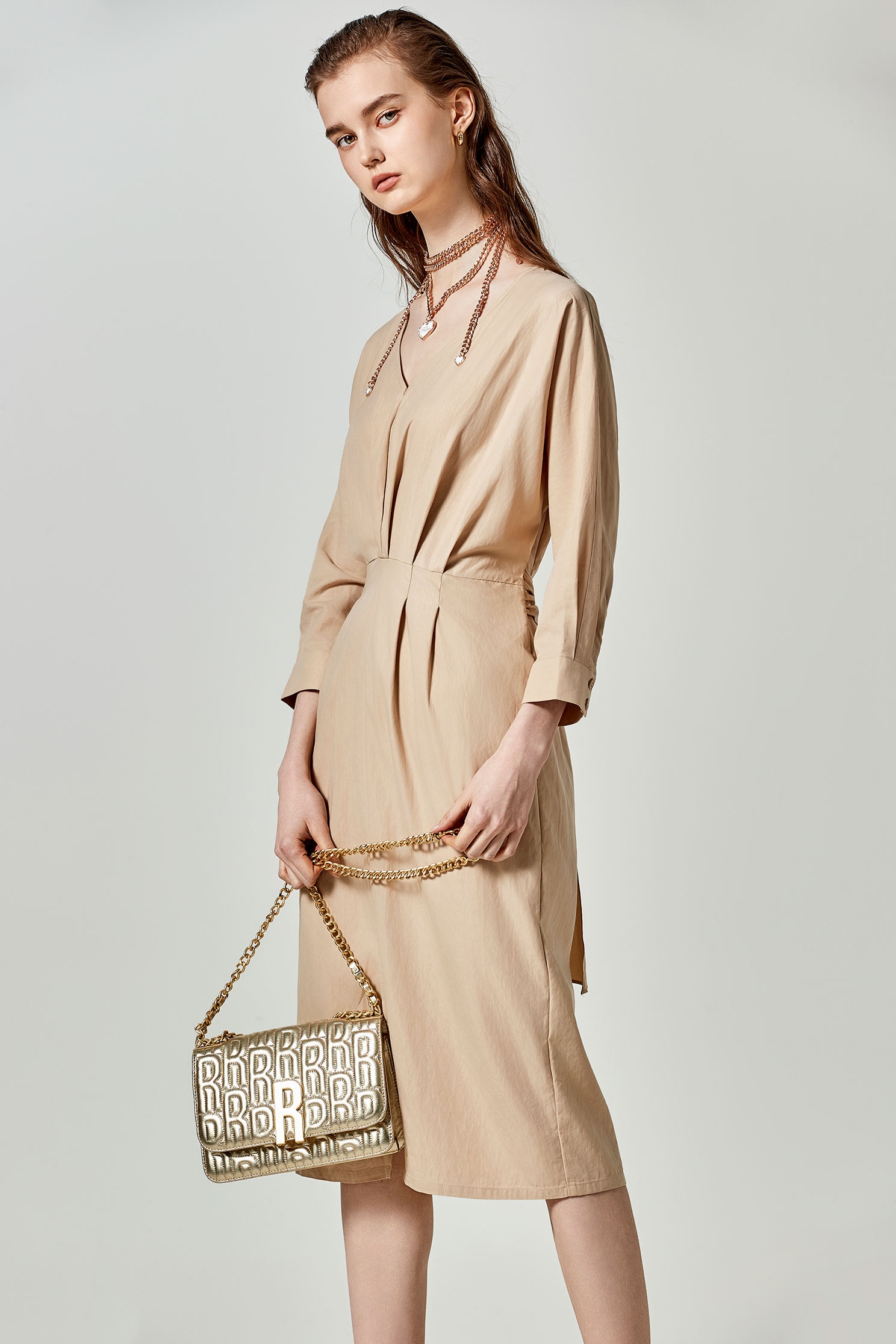 V-Neck Front Bow Khaki DressVanilla cake color dress,Dresses,Season (SS) Look