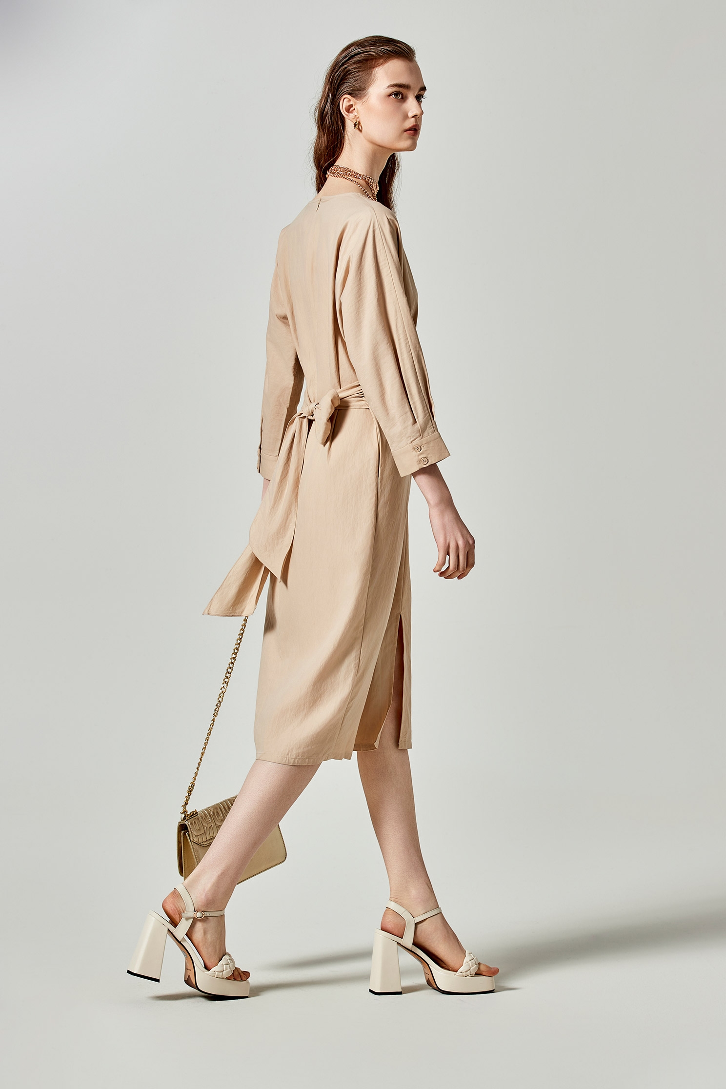 V-Neck Front Bow Khaki DressVanilla cake color dress,Dresses,Season (SS) Look