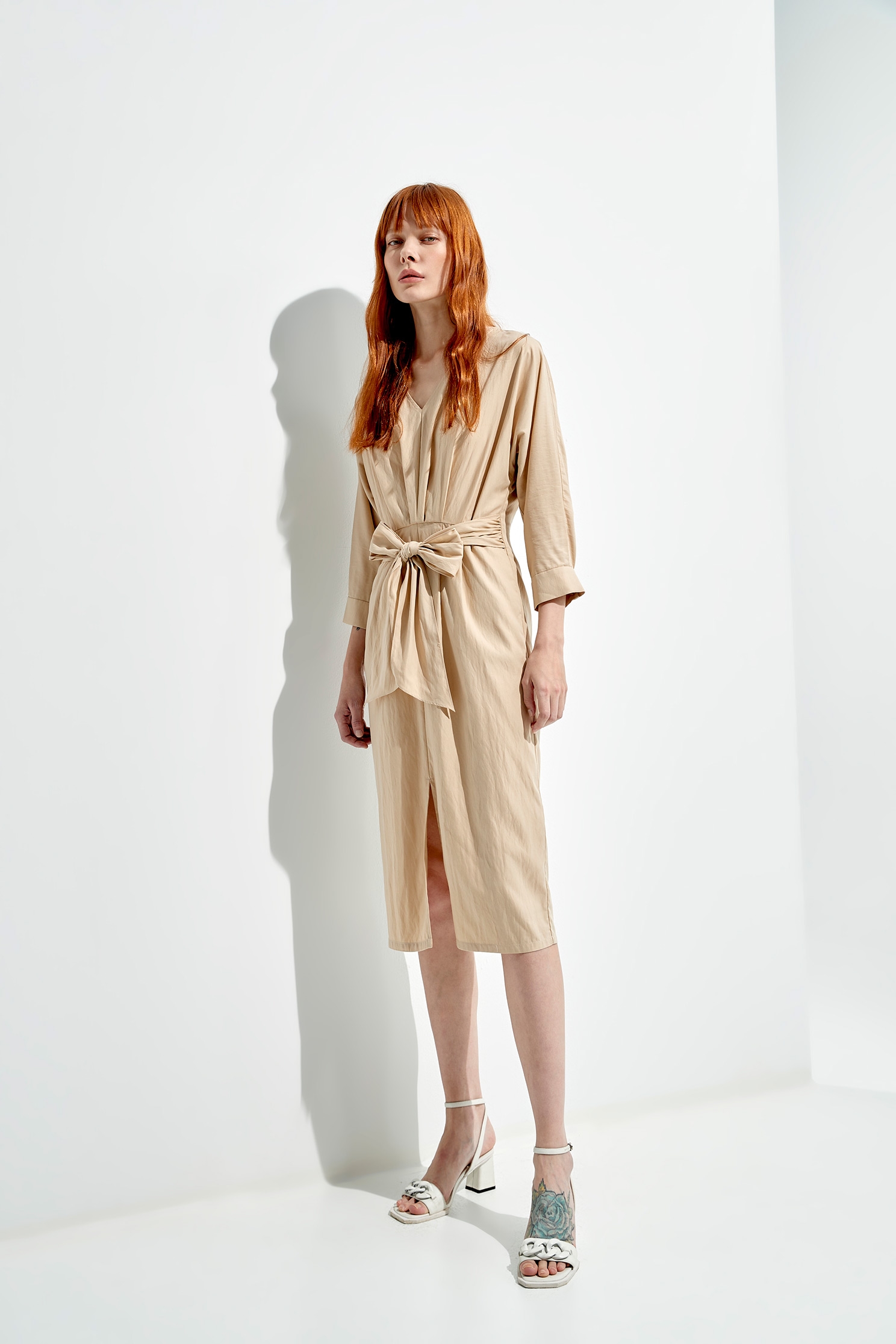 V-Neck Front Bow Khaki DressVanilla cake color dress,Dresses,Season (SS) Look