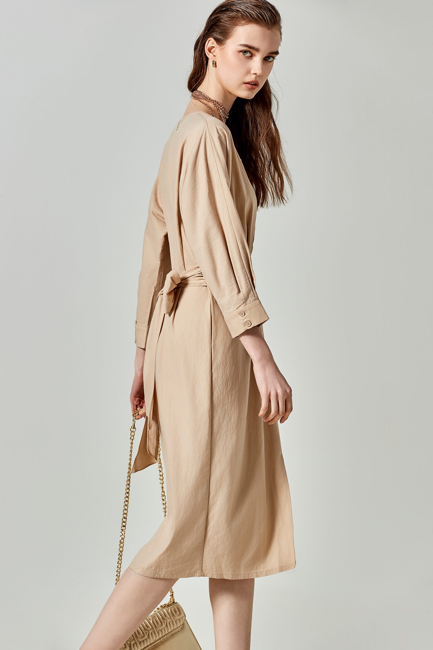 V-Neck Front Bow Khaki DressVanilla cake color dress,Dresses,Season (SS) Look
