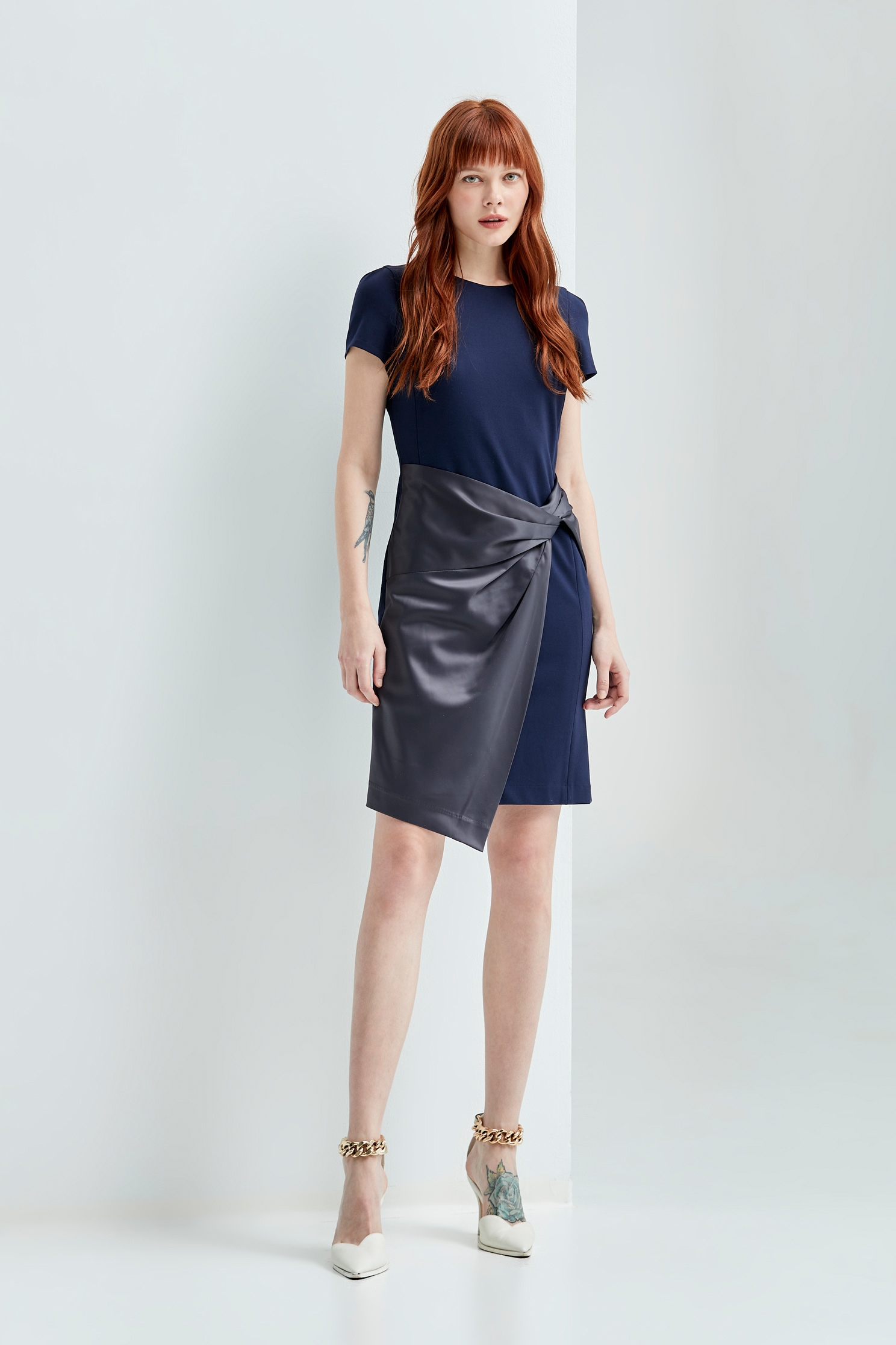 Navy Asymmetric Short Sleeve DressShort dress with petal edges,Dresses,Season (SS) Look