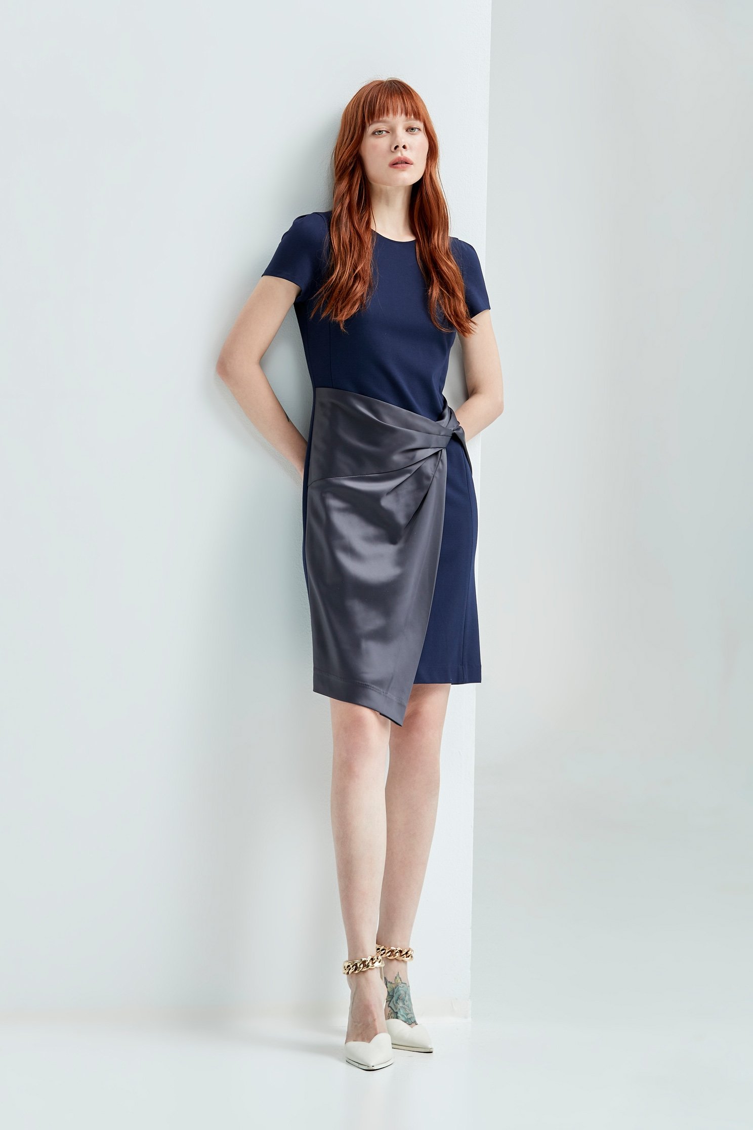 Navy Asymmetric Short Sleeve DressShort dress with petal edges,Dresses,Season (SS) Look