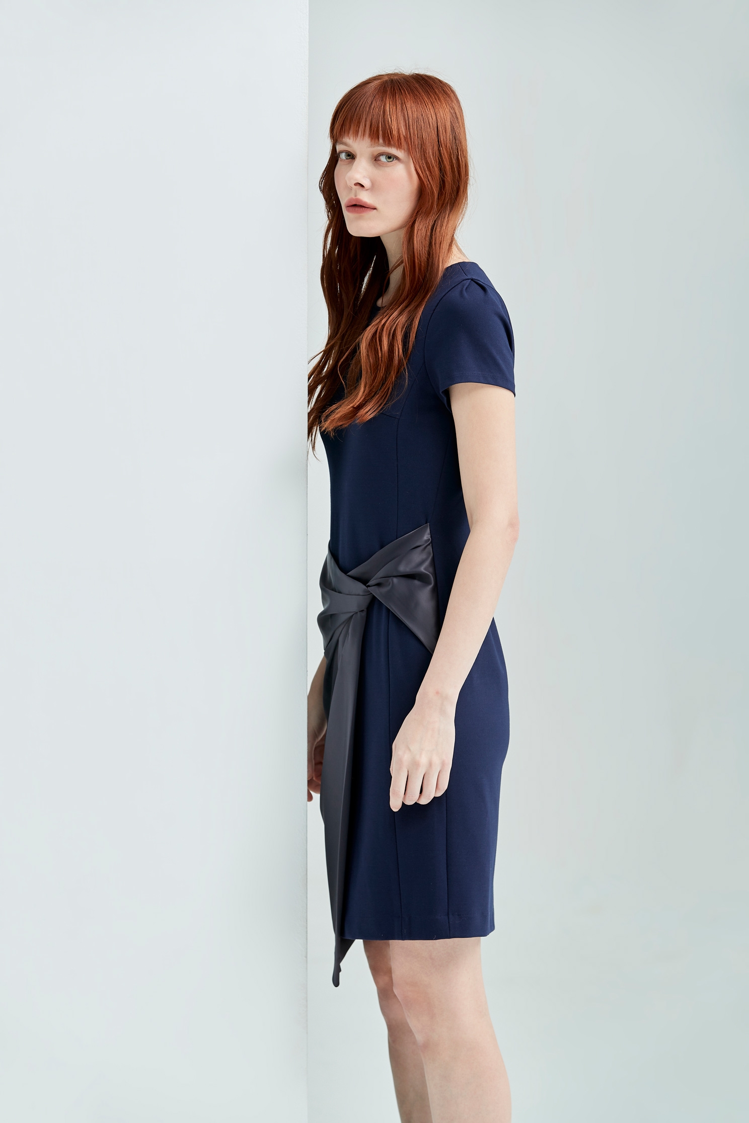 Navy Asymmetric Short Sleeve DressShort dress with petal edges,Dresses,Season (SS) Look