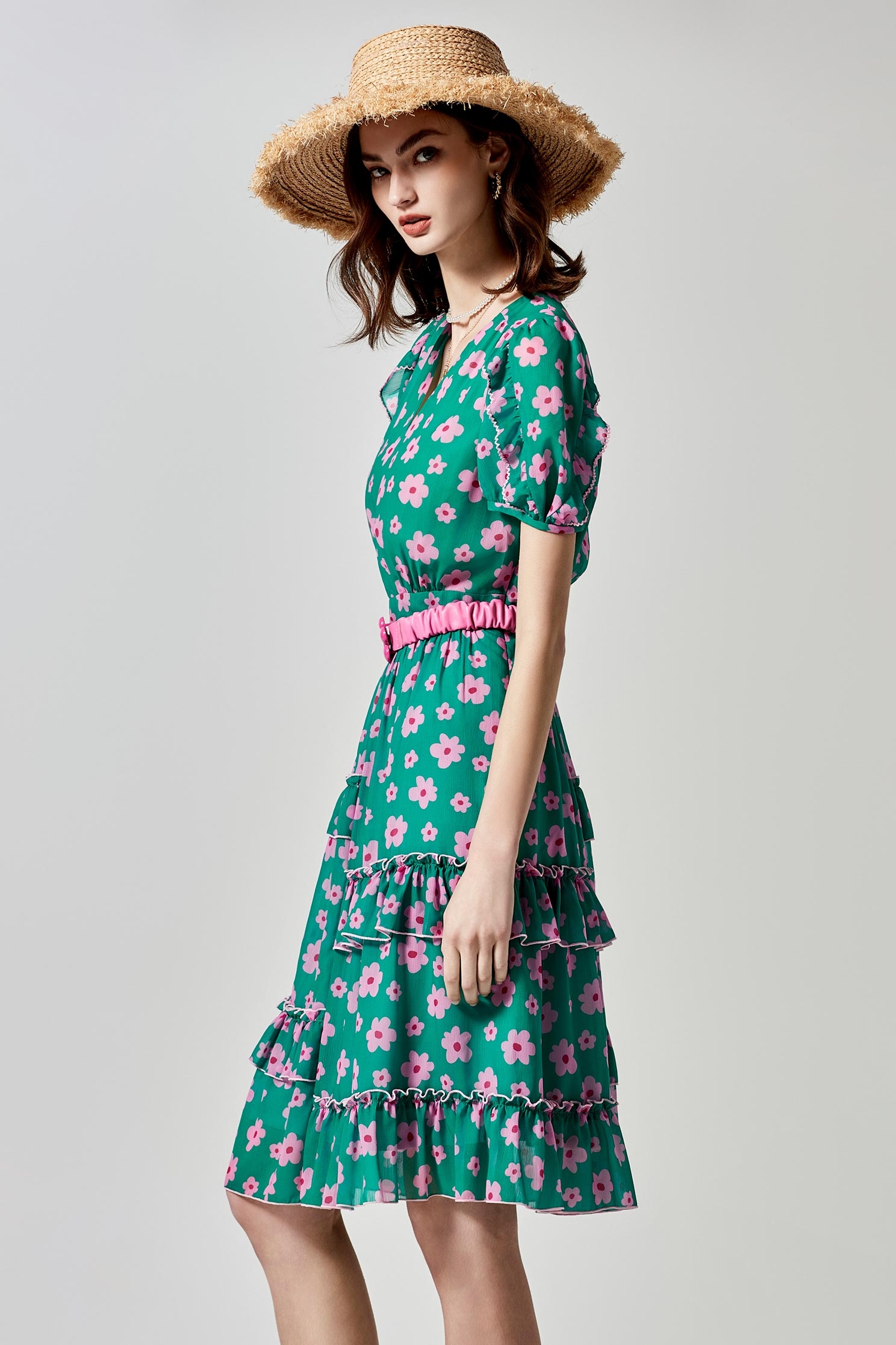 V-neck Floral Print Ruffle DressV-neck Floral Print Ruffle Dress,Dresses,Tops,Season (SS) Look,Chiffon