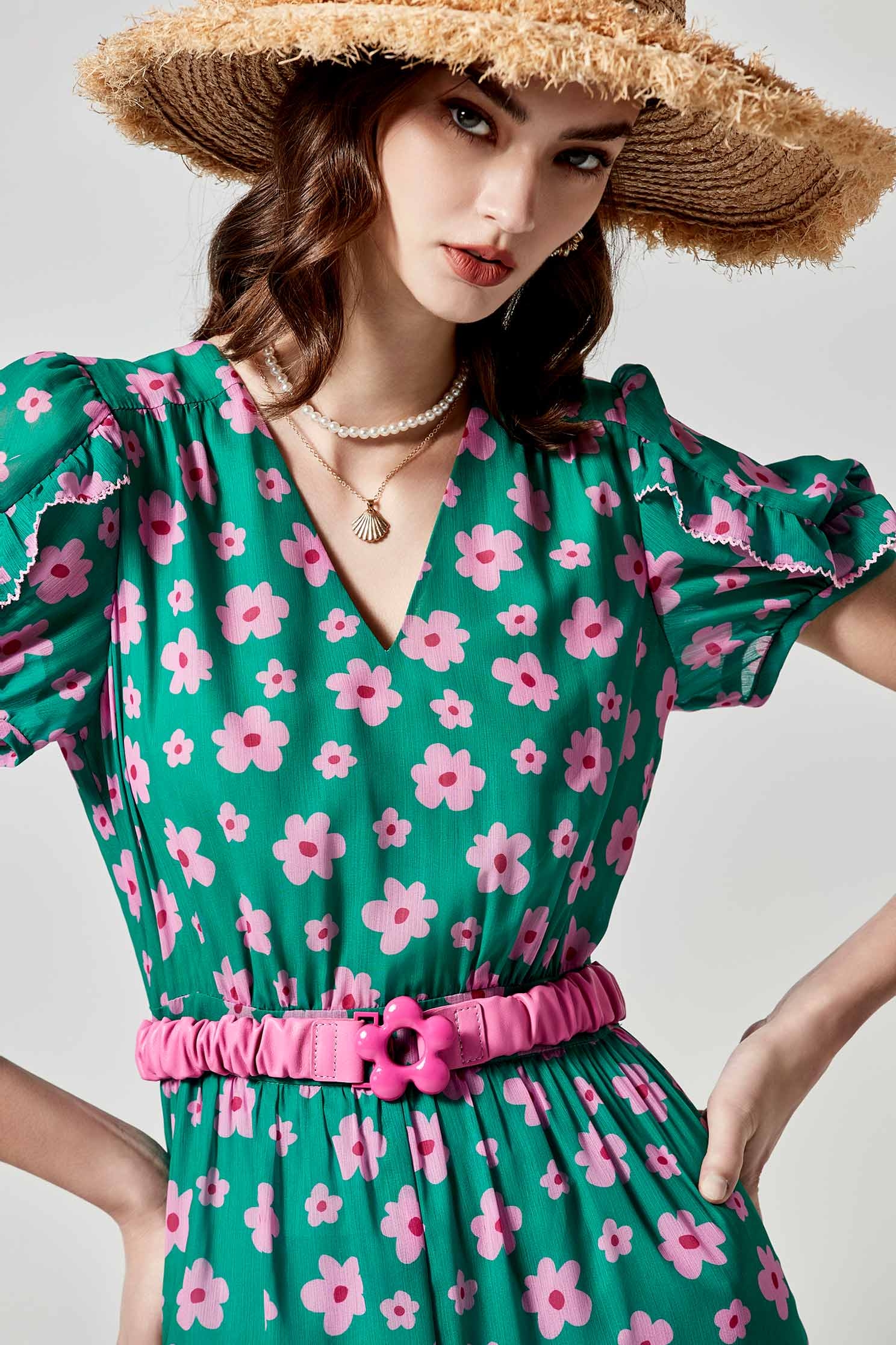 V-neck Floral Print Ruffle DressV-neck Floral Print Ruffle Dress,Dresses,Tops,Season (SS) Look,Chiffon