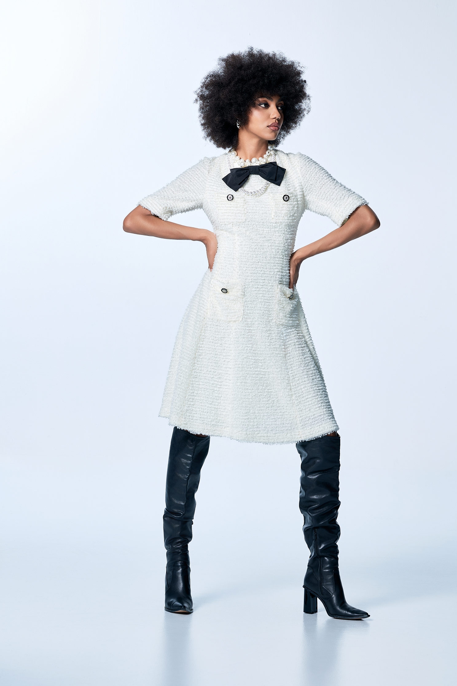 Off White Black Bow Detail Tweed DressOff White Black Bow Detail Tweed Dress,Dresses,Season (SS) Look,White dresses,bows