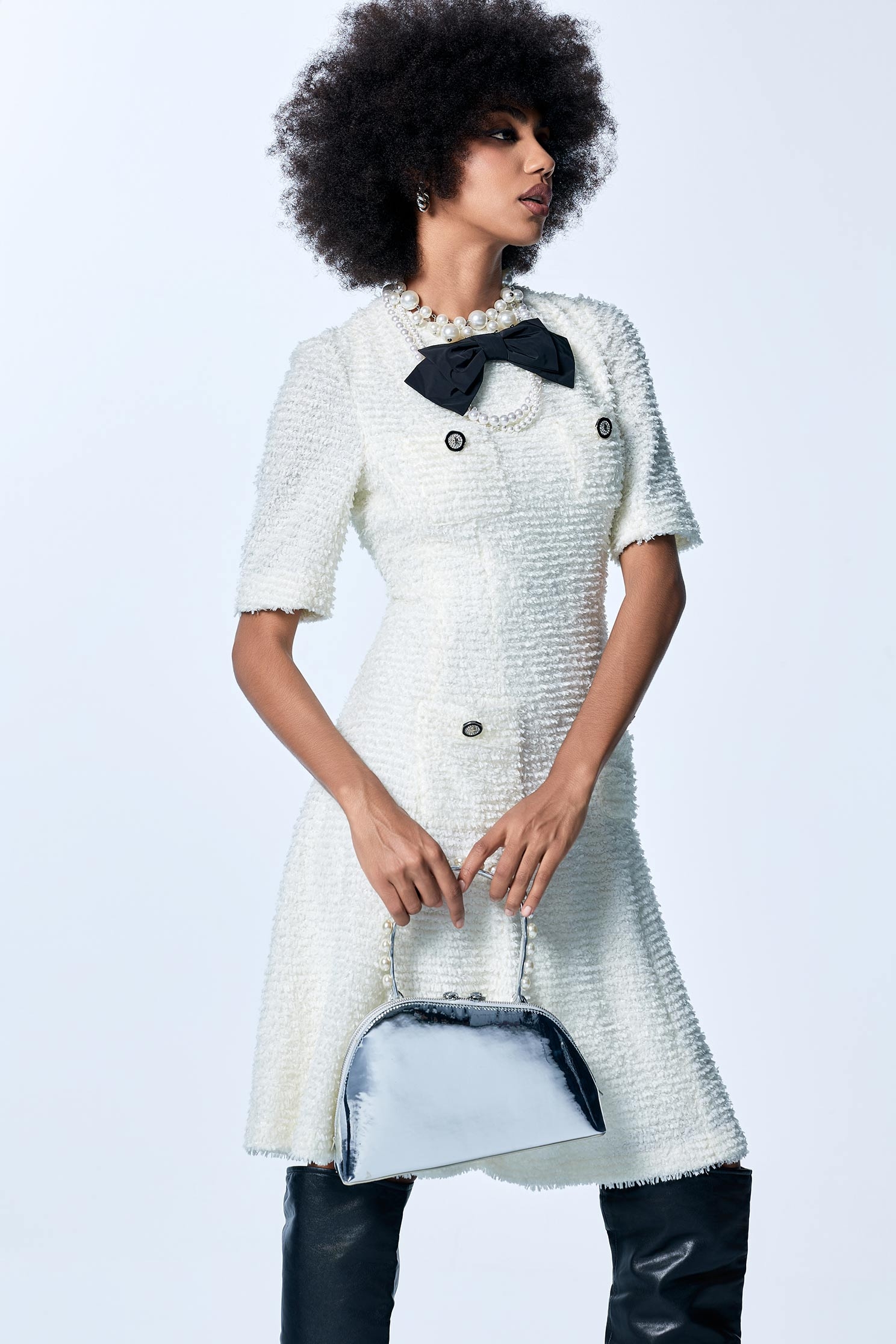 Off White Black Bow Detail Tweed DressOff White Black Bow Detail Tweed Dress,Dresses,Season (SS) Look,White dresses,bows