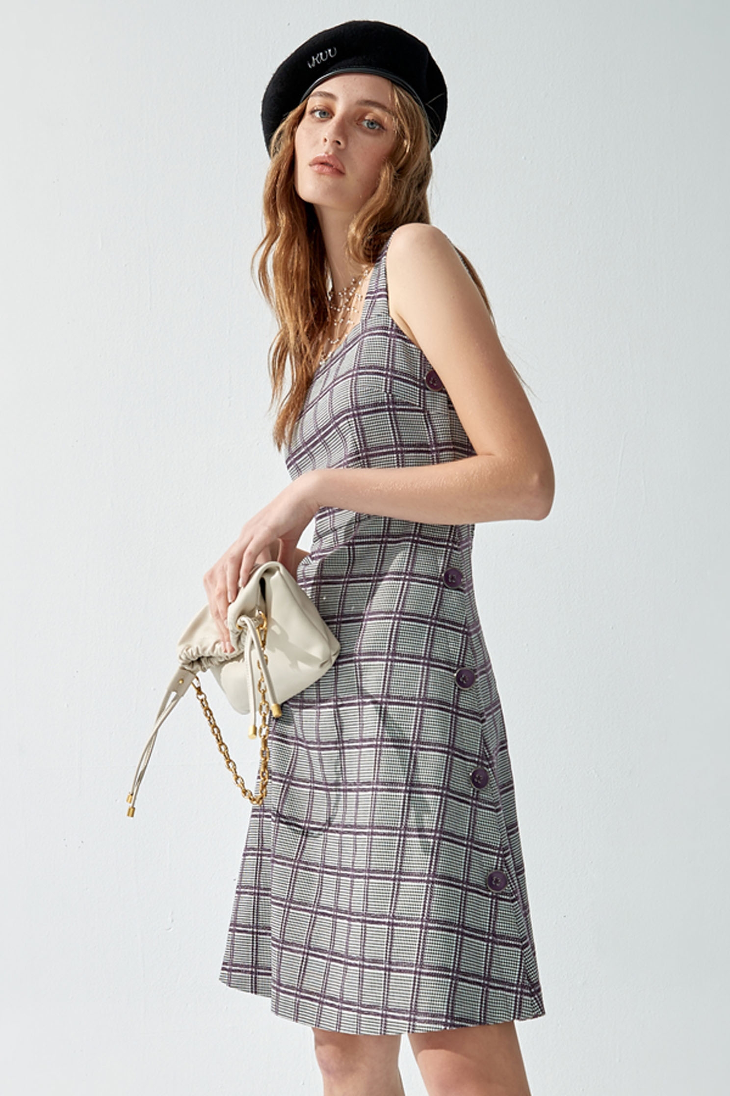 Checkered Sleeveless Midi DRESSCheck jacquard midi dress,Rayon,Plaid,Season (AW) Look,Maxi dresses