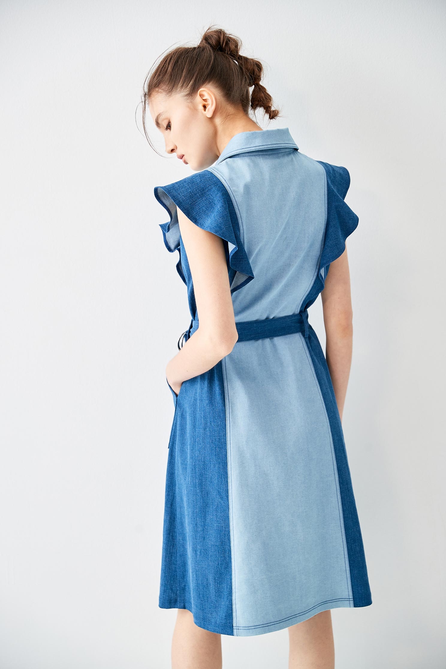 Button Front Denim Dress With Ruffle SleevesRuffled dress with color matching,Dresses,Denim,Season (AW) Look,Valentine